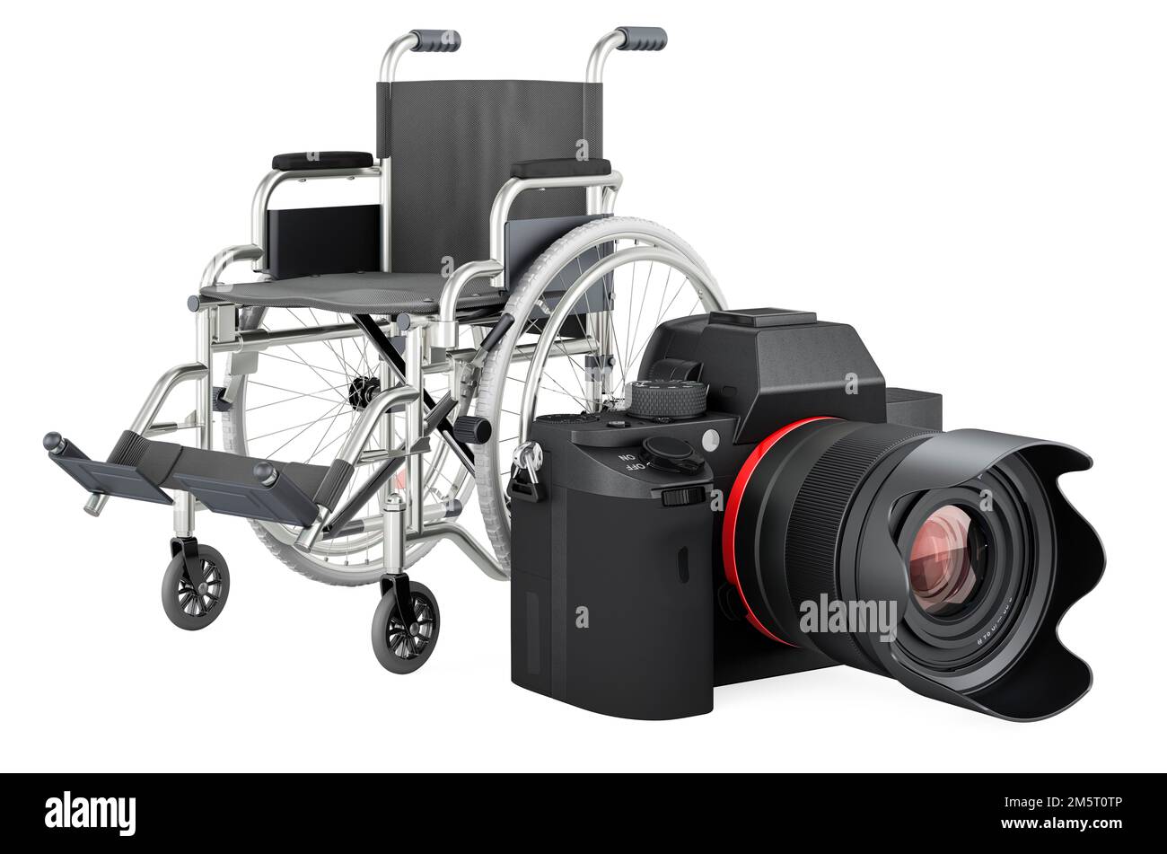 Fauteuil roulant manuel avec appareil photo numérique, 3D rendu isolé sur fond blanc Banque D'Images