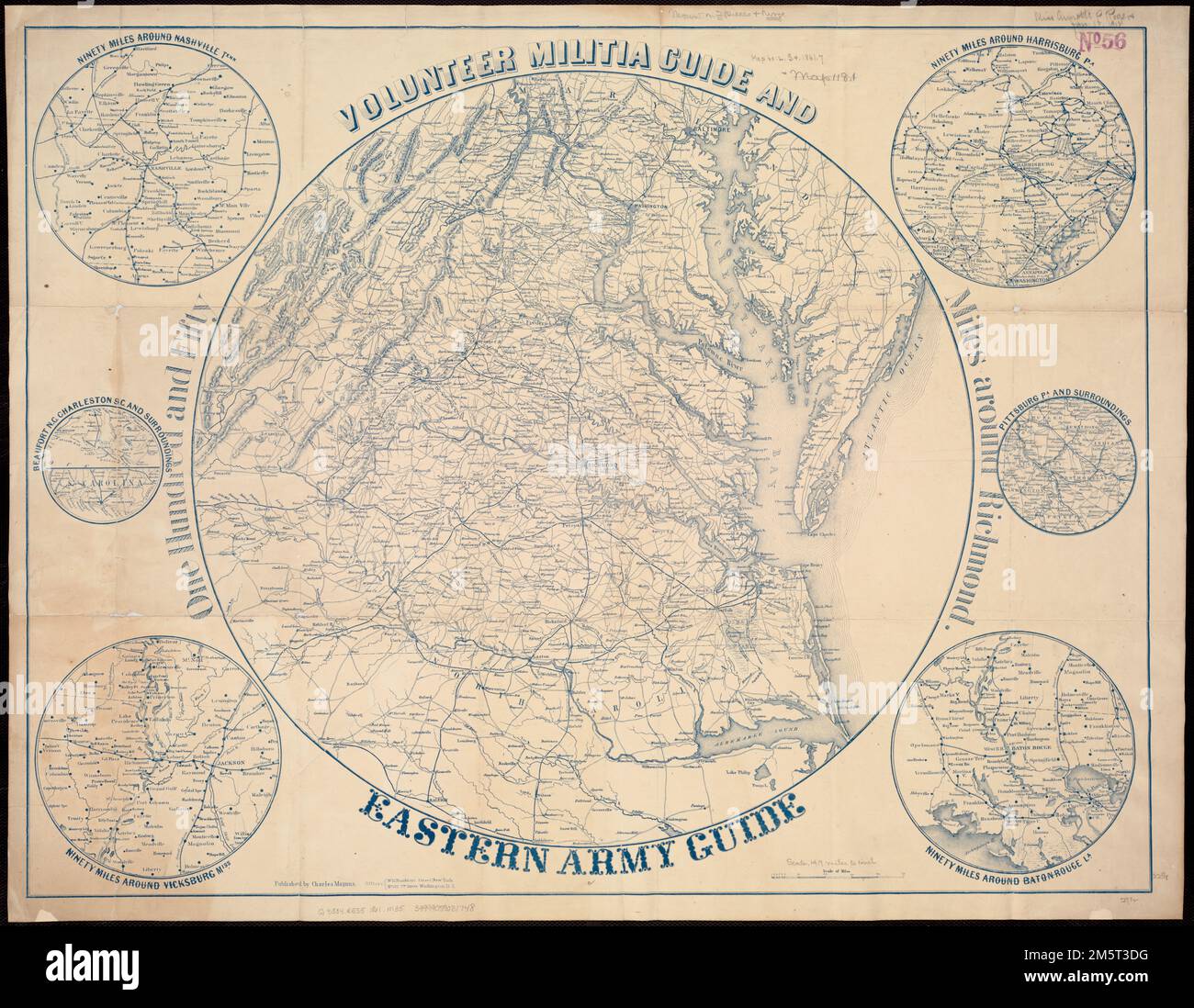 Milice bénévole et guide de l'armée de l'est : cent cinquante milles autour de Richmond. Carte générale centrée sur Richmond, Virginie. La carte est imprimée en bleu. Insets: Quatre-vingt-dix miles autour de Nashville, Tennessee. -- quatre-vingt-dix miles autour de Harrisburg, Pennsylvanie. -- quatre-vingt-dix milles autour de Vicksburg, Mils --quatre-vingt-dix miles autour de Baton Rouge, la. -- Beaufort N.C. Charleston S.C. et environs -- Pittsburg PA. et les environs , Virginie , Richmond Banque D'Images