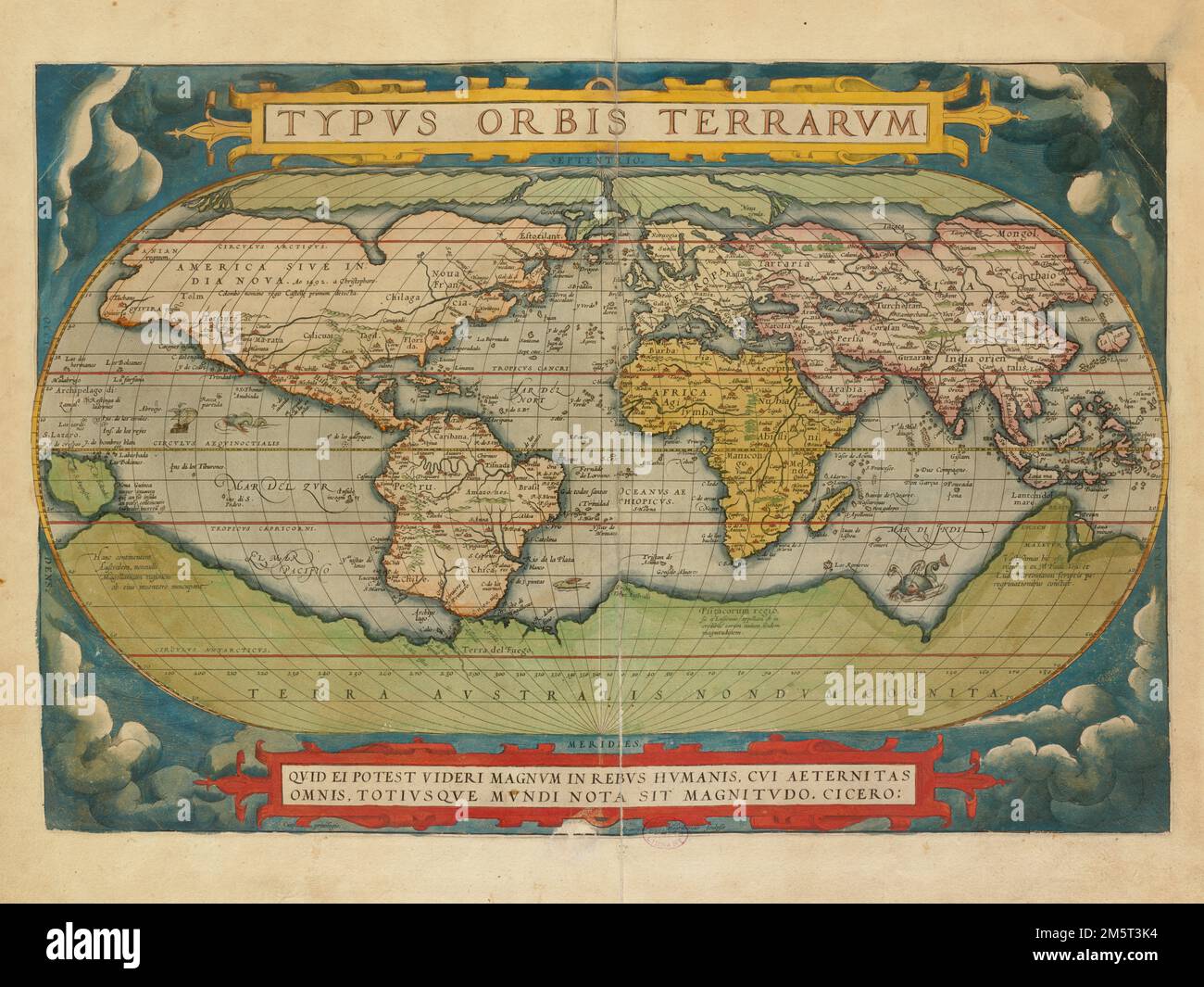 Typus orbis terrarum. Grugeage illustré par illustration. 'Quid ei potest videri manum in rebus humanis, cui aeternitas omnis, totius que mundi nota sit magmitudo. Cicero.' Apparaît dans le Theatrum orbis terrarum de l'auteur. Antverpiae. 1570. Exposé dans « Journeys of the imagination », à la Boston public Library, Boston, ma, avril - août 2006. MB (BRL) Catalogage, conservation et numérisation rendu possible en partie par la Fondation nationale pour les humanités: Exploration de l'effort humain. Le livre de cartes d'Ortelius, publié pour la première fois en 1570, est considéré comme le premier atlas du monde moderne. C'était le premier t Banque D'Images