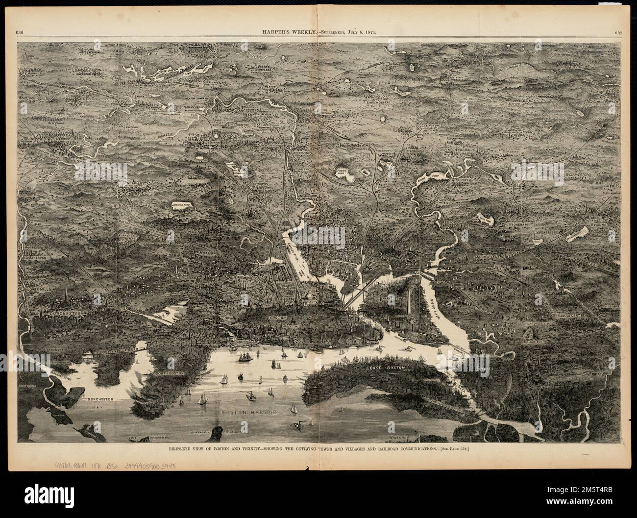 Vue panoramique sur Boston et ses environs : affichage des villes et villages périphériques et communications ferroviaires. Apparaît dans le supplément hebdomadaire de Harper, 8 juillet 1871.... , Massachusetts , Suffolk , comté , Boston Banque D'Images