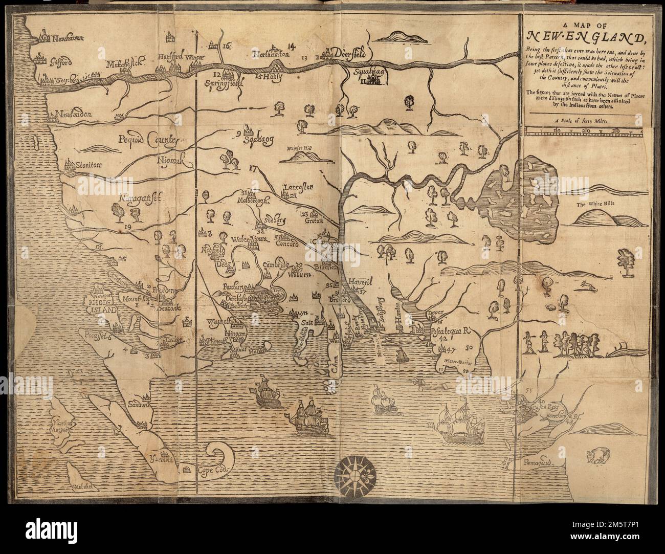 Une carte de la Nouvelle-Angleterre, étant la première qui ait jamais été ici coupée, et faite par le meilleur modèle qui pourrait être eu, qui étant dans certains endroits défectueux, il a rendu l'autre moins exact ; pourtant, doth il a suffisamment rétréci la scituation de la countrey, et commodément bien la distance des lieux. La version « White Hills » de la carte. Probablement gravé par: John Foster. Etat 2 avec symbole de ville supplémentaire entre Seaconk et Plimouth. Dans : Hubbard, William. Un récit des problèmes avec les Indiens. Boston. 1677.. Cette carte a été la première à être imprimée dans les colonies britanniques, et bien que brute dans l'appearanc Banque D'Images