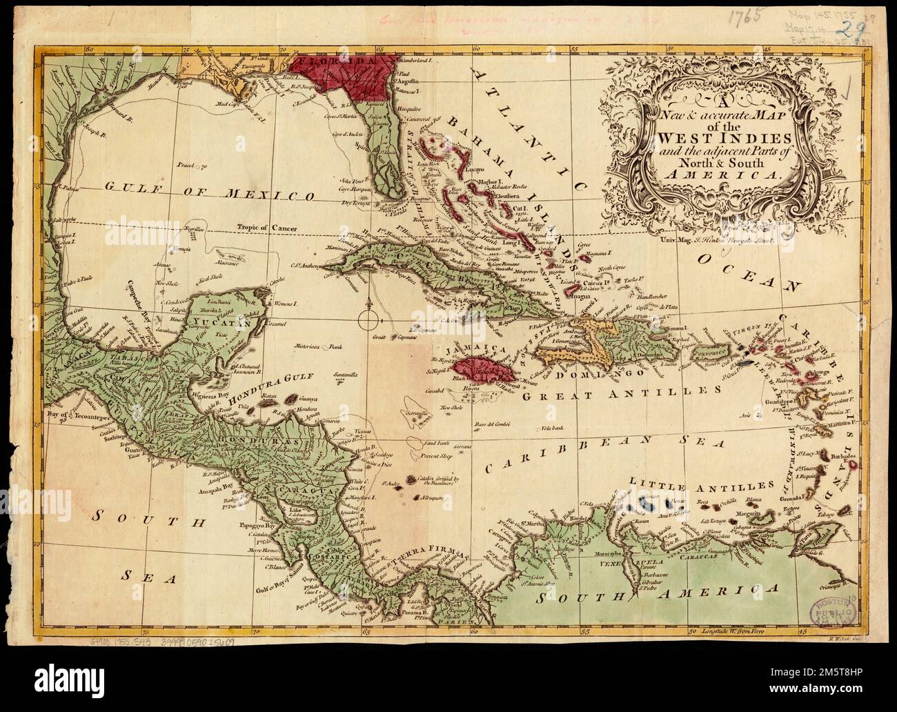 Une nouvelle carte précise des Antilles et des parties adjacentes de l'Amérique du Nord et de l'Amérique du Sud. Grugeage illustré par illustration. Méridien d'origine : Ferro. Apparaît dans le magazine Universal, vol. 17, juillet-déc 1755, p. 241. Le catalogage, la conservation et la numérisation ont été rendus possibles en partie par la Fondation nationale pour les sciences humaines : exploration de l'effort humain , Antilles Mer des Caraïbes Banque D'Images