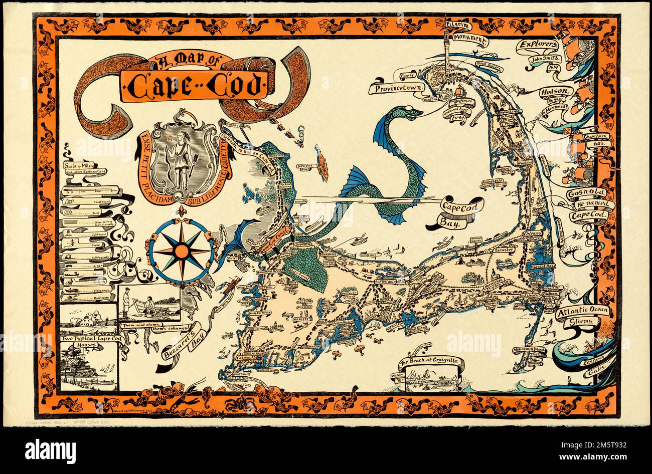 Une carte de Cape Cod. 2 copies en couleur main et 1 copies en couleur cadeau d'Eugenie et Jonathan A. Shaw, petit-fils de Melanie Elisabeth (Norton) Leonard. Grugeage illustré par illustration. Les décors : deux maisons typiques de Cape Cod -- 'elles n'ont pas de palourdes, elles sont des cohawgs!' -- la plage de Craigville. Texte de Jonathan Nortan Leonard, selon les archives de la famille Leonard. Enfermé dans une bordure illustrée avec du poisson de morue; titre décoratif cartouche et blason avec slogan, 'ense petit placidam sublibertate quie tem.'... , Massachusetts , Barnstable ,comté , Cape Cod ,région Banque D'Images