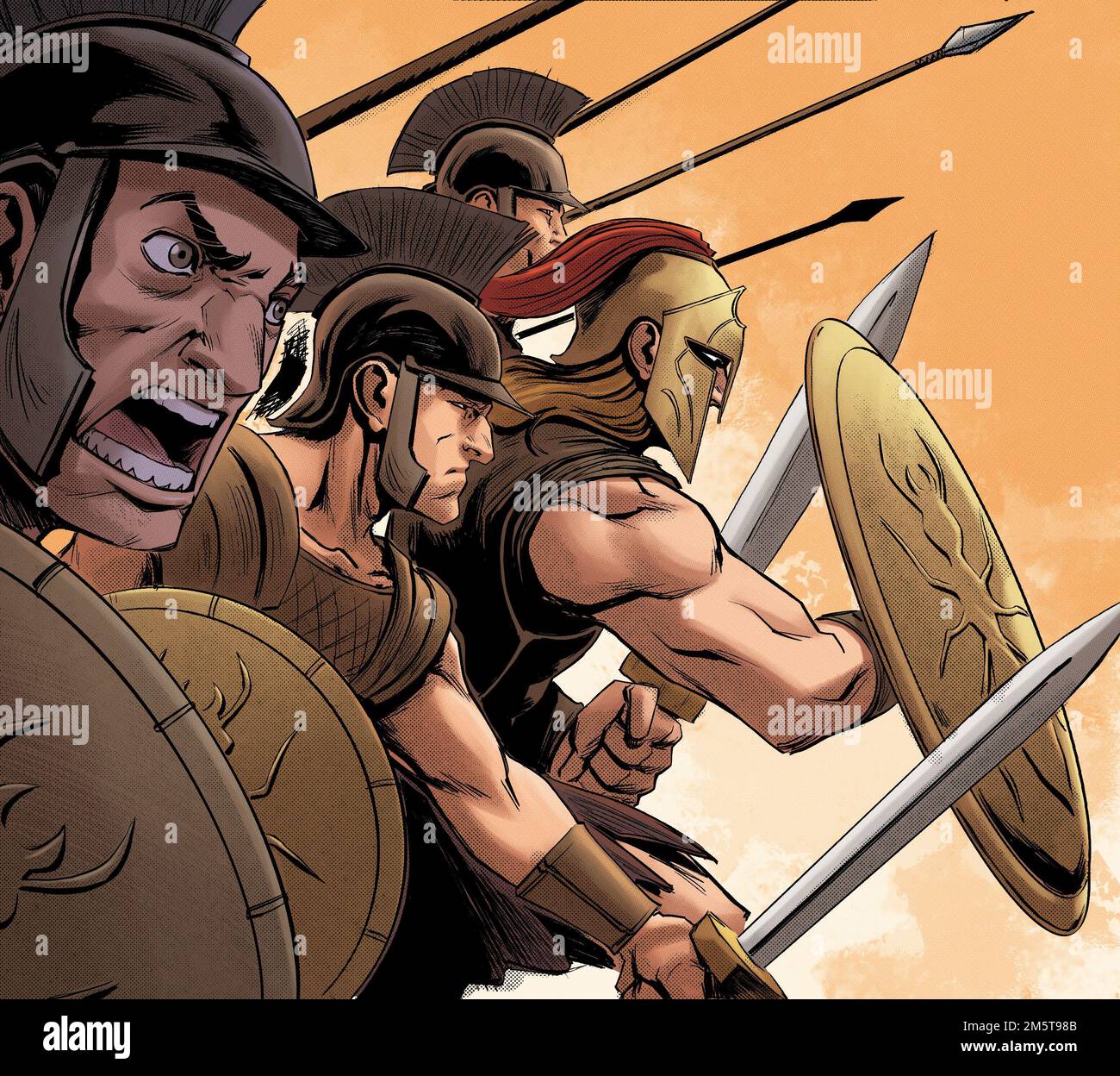 Le héros Achille et ses guerriers Myrmidone tenant une épée, un bouclier et  une lance sur l'attaque, mythologie grecque, l'art de style comique,  spartans Photo Stock - Alamy