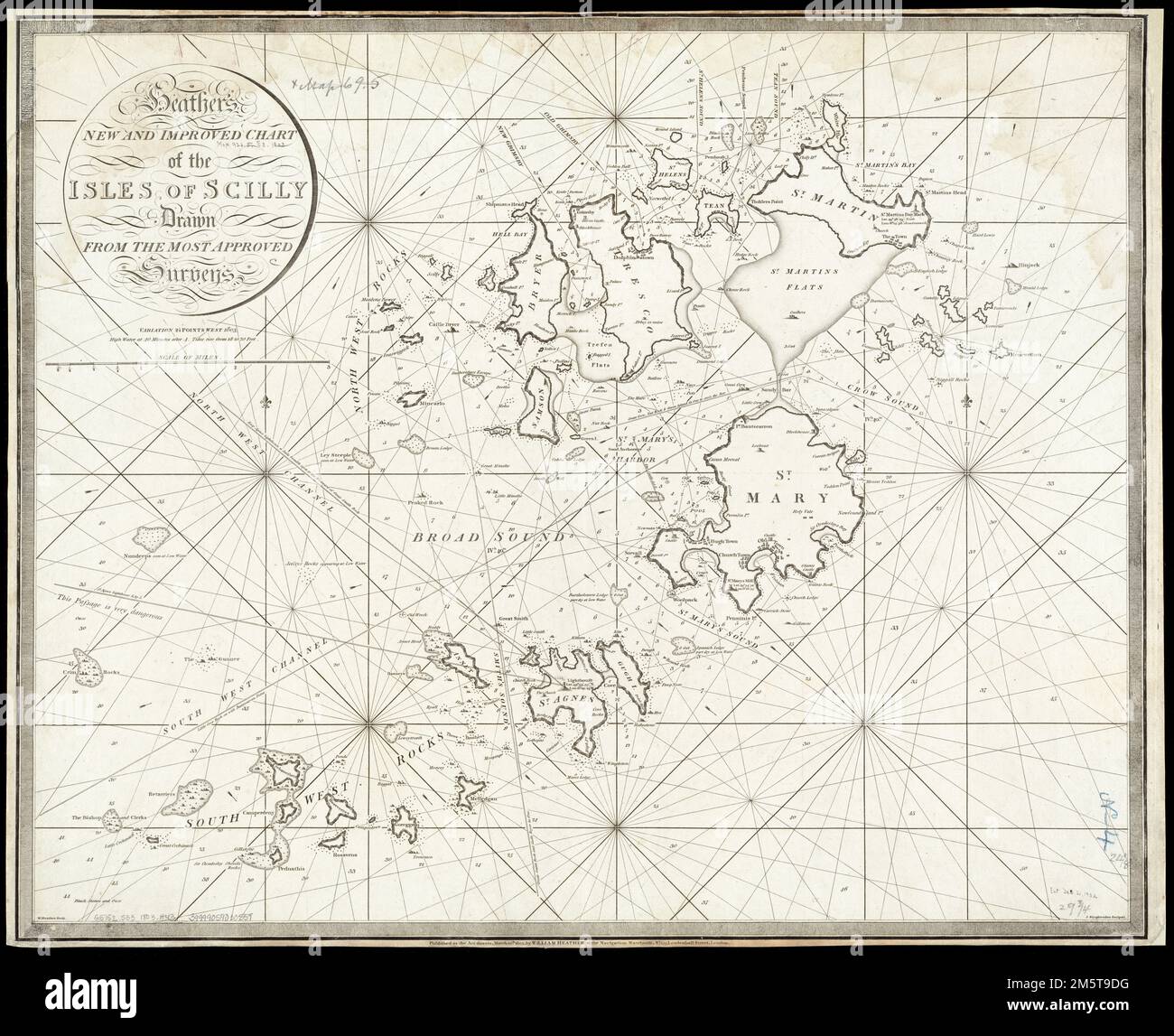 Carte nouvelle et améliorée des îles de Scilly de Heather. Relief illustré par illustration et par hachures. Profondeurs indiquées par des sondages. Dans : une collection de cartes de William Heather. Le catalogage, la conservation et la numérisation ont été rendus possibles en partie par la Fondation nationale pour les sciences humaines : exploration de l'effort humain , Angleterre , Cornouailles , comté , Scilly, Iles de , région Banque D'Images