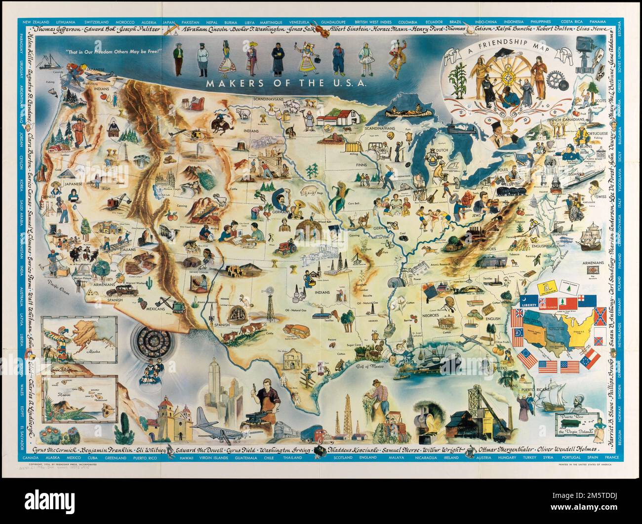 Fabricants des États-Unis : une carte d'amitié. Carte graphique montrant les peuples, les industries, les ressources naturelles et les points de repère. Grugeage illustré par illustration. Texte descriptif de Juanita Purvis. Listes de la frontière nationalités incorporées dans la carte et les célèbres Américains. Comprend du texte, des illustrations en couleur et 4 cartes en incrustation. Insets: Alaska -- Hawaï -- Porto Rico et les îles Vierges -- [carte montrant l'expansion territoriale des États-Unis]. Boston public Library copie imparfaite: Manque de texte d'accompagnement... Fabricants des États-Unis d'Amérique. Fabricants des États-Unis d'Amérique, États-Unis Banque D'Images