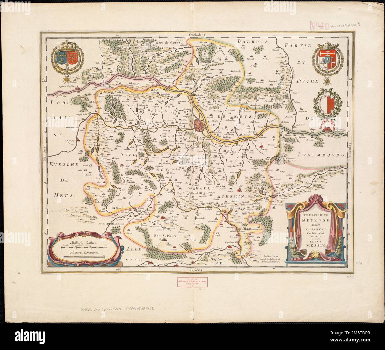 Territoire Metense = le pais Messin. Grugeage illustré par illustration. Verso: Texte néerlandais, Het Ghebiedt der stadt Metz, 'S'... Pais Messin Territorivm Metense. Pais Messin Territorivm Metense, France , Lorraine , région Banque D'Images