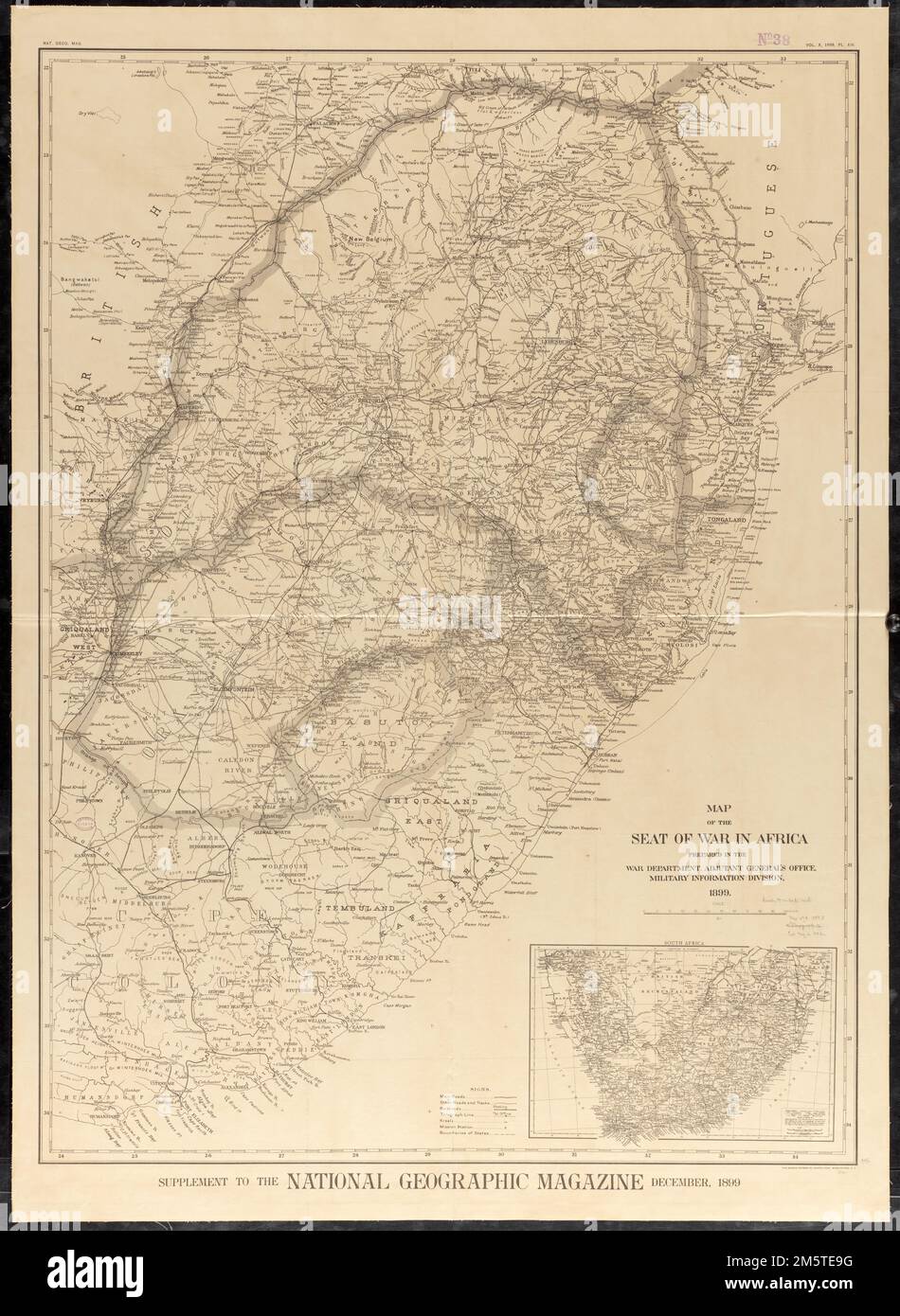 Carte du siège de la guerre en Afrique. Grugeage indiqué par les hauteurs de point. 'Document du magazine National Geographic, décembre 1899.' Dans la marge supérieure droite : vol X, 1899, pl. XIV Encart : Afrique du Sud , Afrique du Sud Banque D'Images