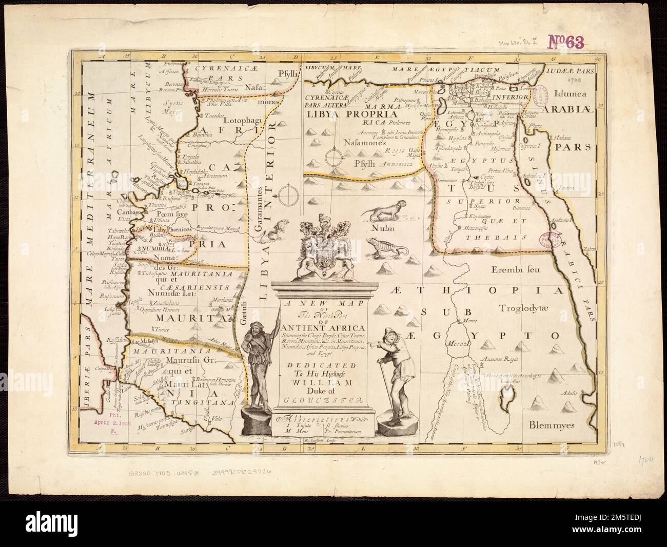 Une nouvelle carte de la partie nord de l'Afrique antirente qui confond les cheffes, les villes, les villes, les rivières, les montagnes, &c. En Mauritanie, Numidia, Afrique propria, Libye propria et Egypte : dédié à son Altesse William, duc de Gloucester. Grugeage illustré par illustration. Indique le drainage, etc Apparaît dans l'auteur Un nouvel ensemble de cartes à la fois de géographie actuelle et antient. Oxford : imprimé au Théâtre, 1700 , Afrique du Nord, région Banque D'Images