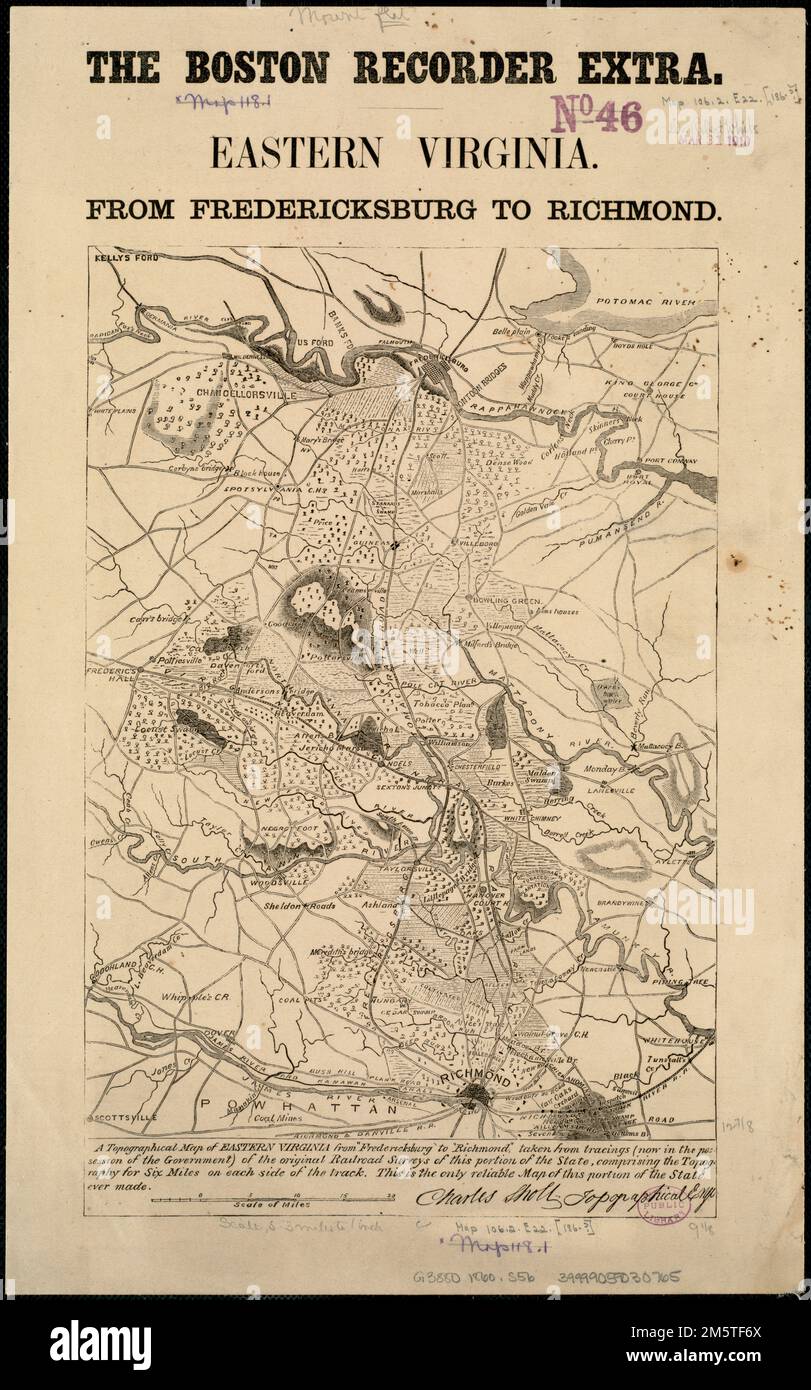 Virginie de l'est de Fredericksburg à Richmond. Une carte topographique de l'est de la Virginie ... des premiers relevés ferroviaires de cette partie de l'état, comprenant la topographie de six milles de chaque côté de la voie ... Relief indiqué par les haches. En tête du titre : l'enregistreur de Boston en plus , Virginie Banque D'Images