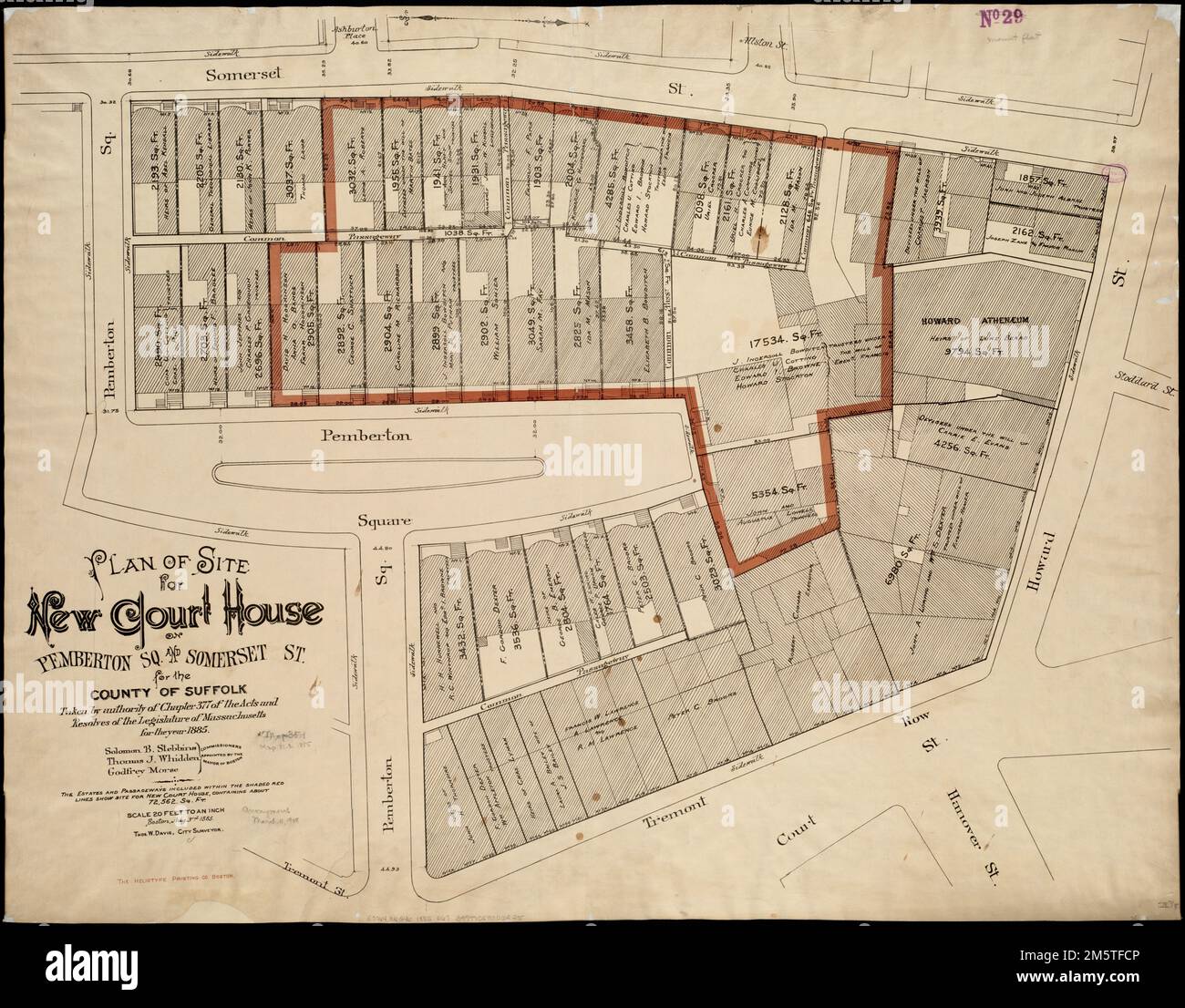 Plan de l'emplacement de la nouvelle maison de cour sur Pemberton Sq. Et Somerset St. pour le comté de Suffolk : pris par l'autorité du chapitre 377. Solomon B. Stebbins, Thomas J. Whidden, Godfrey Morse, commissaires nommés par le maire de Boston , Massachusetts , Suffolk , comté , Boston Banque D'Images
