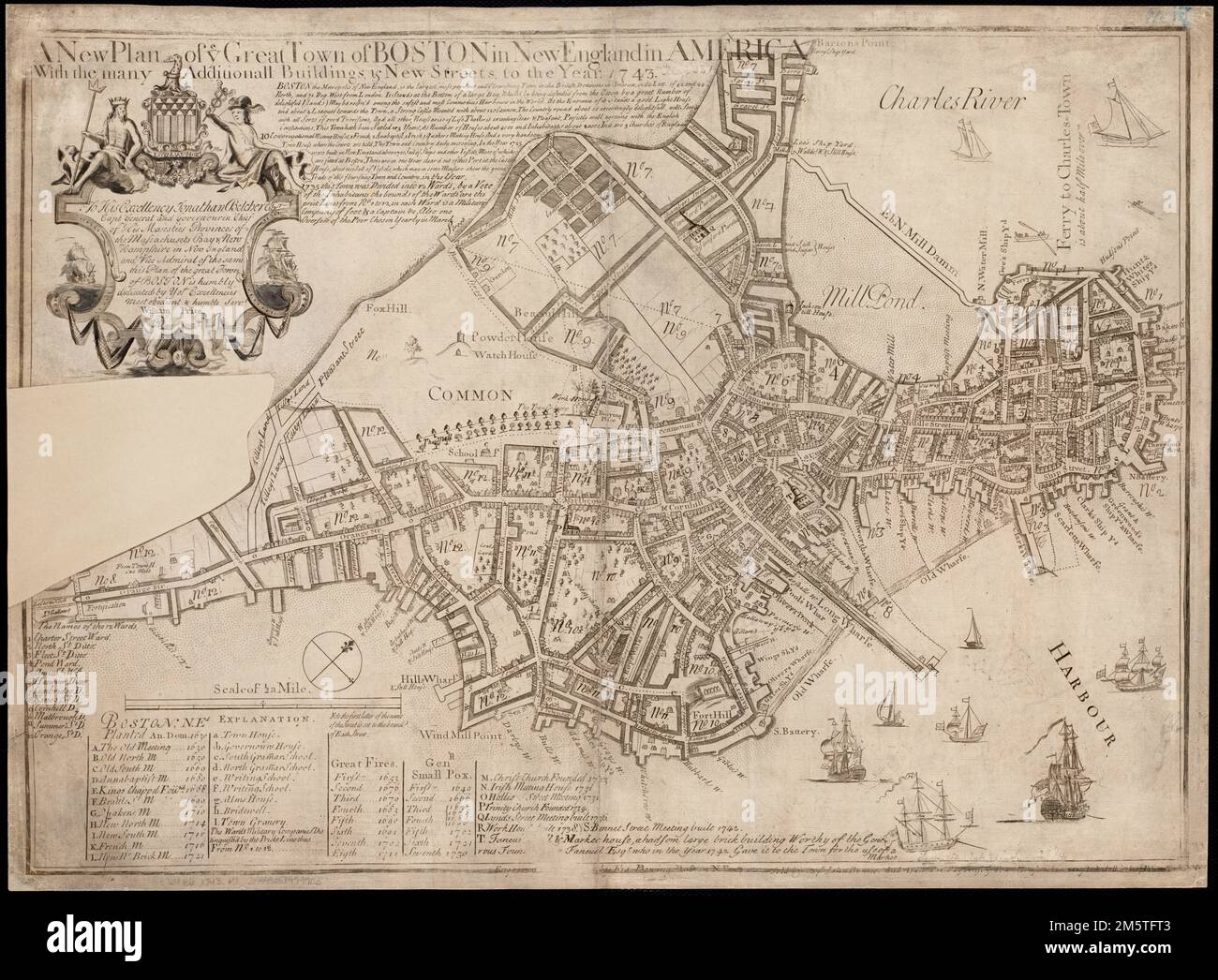 Un nouveau plan de la grande ville de Boston en Nouvelle-Angleterre en Amérique, avec les nombreux bâtiments additionall et de nouvelles rues jusqu'à l'an 1743. Orienté vers le nord vers le coin supérieur droit. Inclut le texte, l'index des quartiers et l'index des points d'intérêt , Massachusetts , Suffolk , comté , Boston Banque D'Images