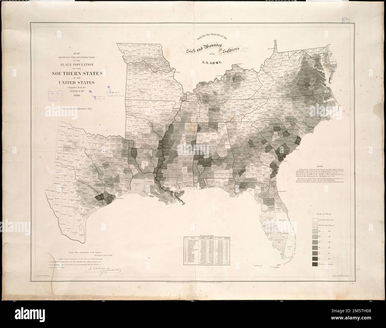 Carte montrant la répartition de la population d'esclaves dans les États du sud des États-Unis. La carte indique par motifs gris le pourcentage d'esclaves dans chaque comté. 'Il faut observer, que plusieurs comtés semblent relativement légers. Cela provient de la prépondérance des blancs et des noirs libres dans les grandes villes de ces comtés. Les chiffres de chaque comté représentent le pourcentage d'esclaves.' Bureau du recensement, Ministère de l'intérieur, Washington, 9th septembre 1861. Après un examen attentif de la carte très intéressante ci-dessus, je suis prêt à déclarer qu'il ne fournit pas seulement l'ev Banque D'Images
