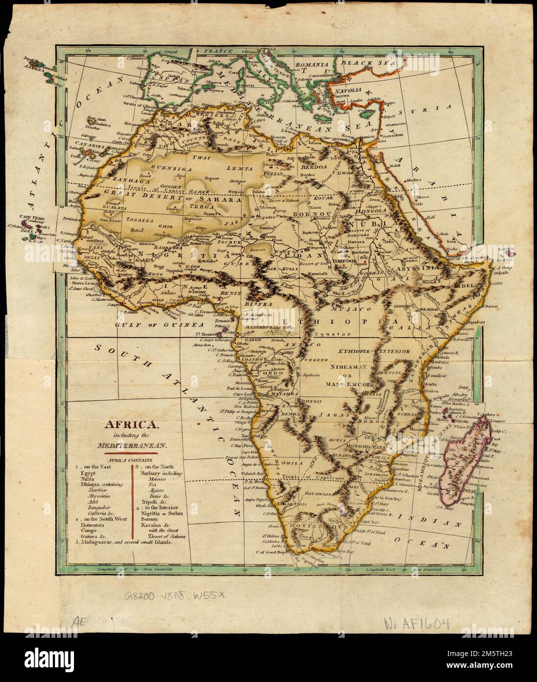 Afrique, y compris la Méditerranée. Carte de l'Afrique et de l'Europe du Sud. Méridien de premier choix : Greenwich. Apparaît dans l'atlas général du monde de Wilkinson. Londres , Afrique Afrique Banque D'Images