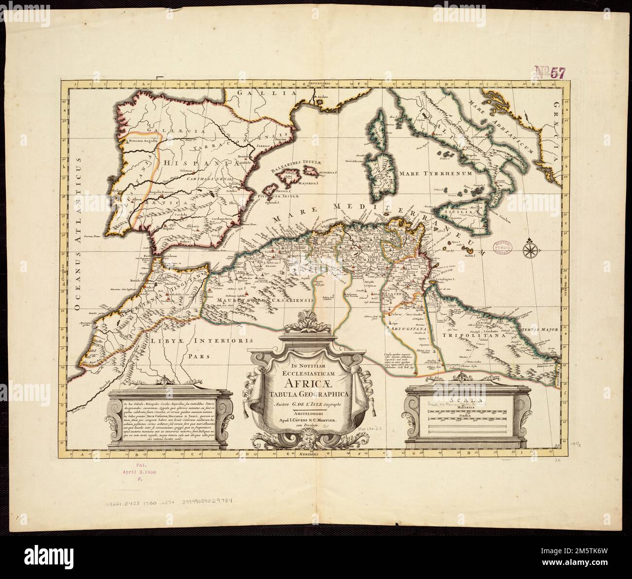 Dans notitiam ecclésiastique Africæ tabula géographica. Grugeage illustré par illustration. Inclut des notes. Méridien d'origine : Ferro. Apparaît dans l'Atlas Nouveau de l'auteur, avec toutes les parties du monde. Amsterdam : Jean Cóvens & Corneille Mortier, [entre 1730 et 1742]. Couvre la Tunisie moderne et certaines parties du Maroc, de l'Algérie et de la Libye... In notitiam ecclésiastique Africae tabula géographica. In notitiam eccesiascam Africae tabula géographica, région de l'Afrique du Nord Banque D'Images