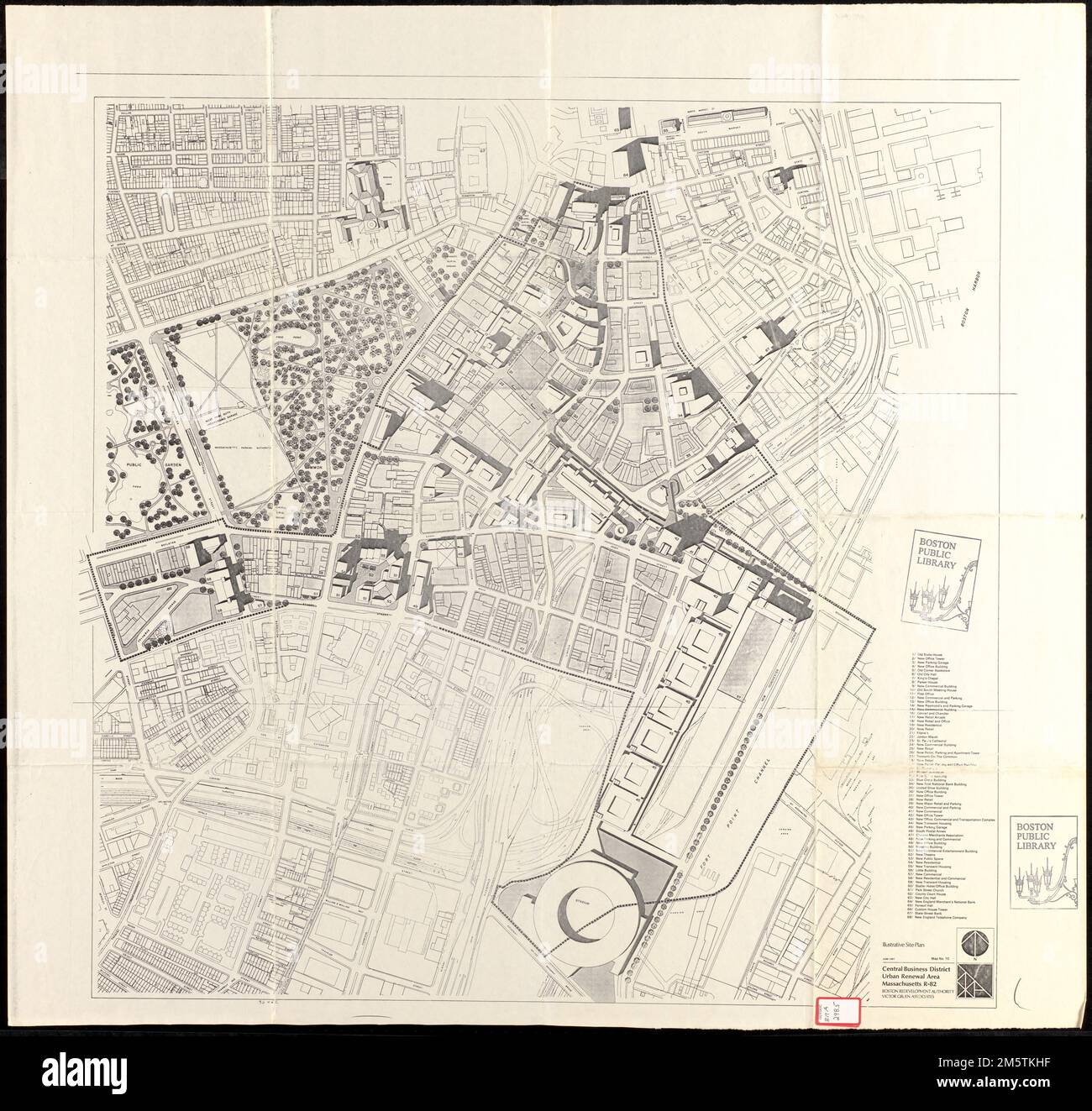 Zone de renouvellement urbain du quartier central des affaires, Massachusetts r-82 : plan du site à titre indicatif. Spectacles et noms de 68 sites dans le quartier central des affaires du centre-ville de Boston impliqués dans un plan de réaménagement de 1967 , Massachusetts , Suffolk ,comté , Boston Downtown Boston Banque D'Images
