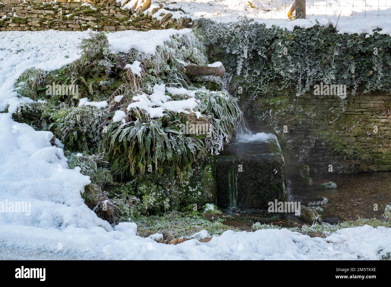 Neige d'hiver sur le bec d'eau de source de crocodile de pierre dans le village de cotswold de Compton Abdale. Cotswolds, Gloucestershire, Angleterre Banque D'Images