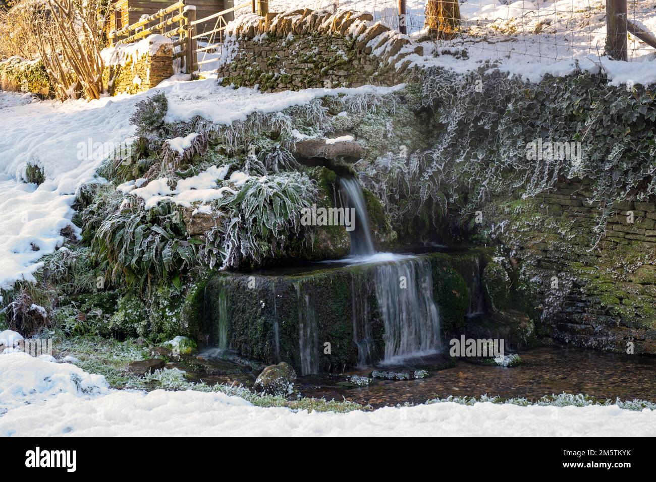 Neige d'hiver sur le bec d'eau de source de crocodile de pierre dans le village de cotswold de Compton Abdale. Cotswolds, Gloucestershire, Angleterre Banque D'Images