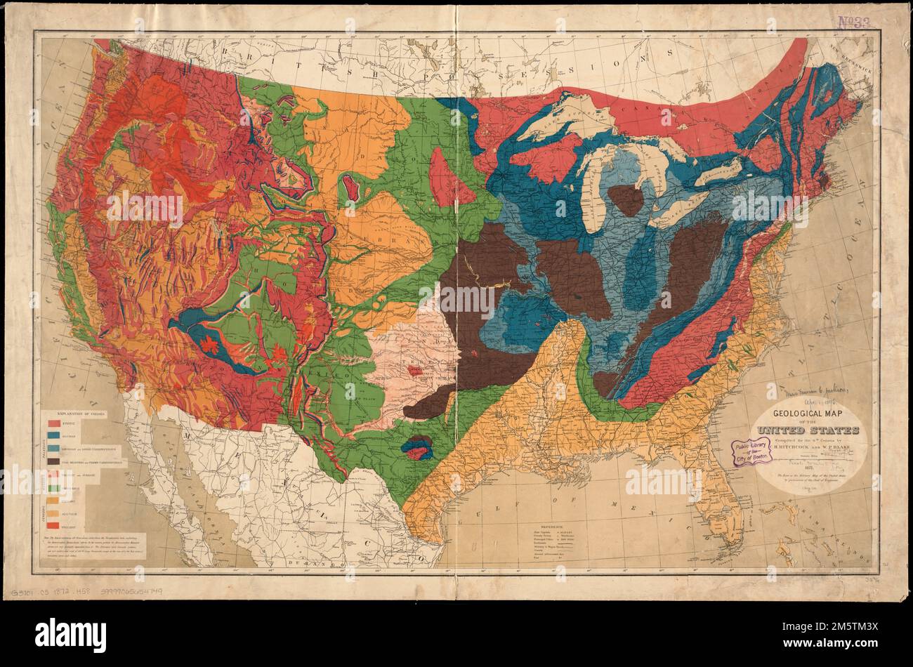 Carte géologique des États-Unis. Publié avec le vol. 3 du rapport de recensement de 9th. L’intérêt de la famille Hitchcock pour la géologie est passé d’Edward à son fils Charles, qui, en 1861, a été nommé géologue d’État dans le Maine, et plus tard dans la décennie géologue d’État dans le New Hampshire. La cartographie géologique de la région à l'ouest du Mississippi a augmenté rapidement après la guerre civile, et la carte de 1872 affichée ici par Hitchcock et William Blake est un exemple de cet effort. Préparée pour l'atlas statistique des États-Unis de 1870, cette carte représente une transition par rapport aux exemples du 19th siècle précédent, comme moi Banque D'Images