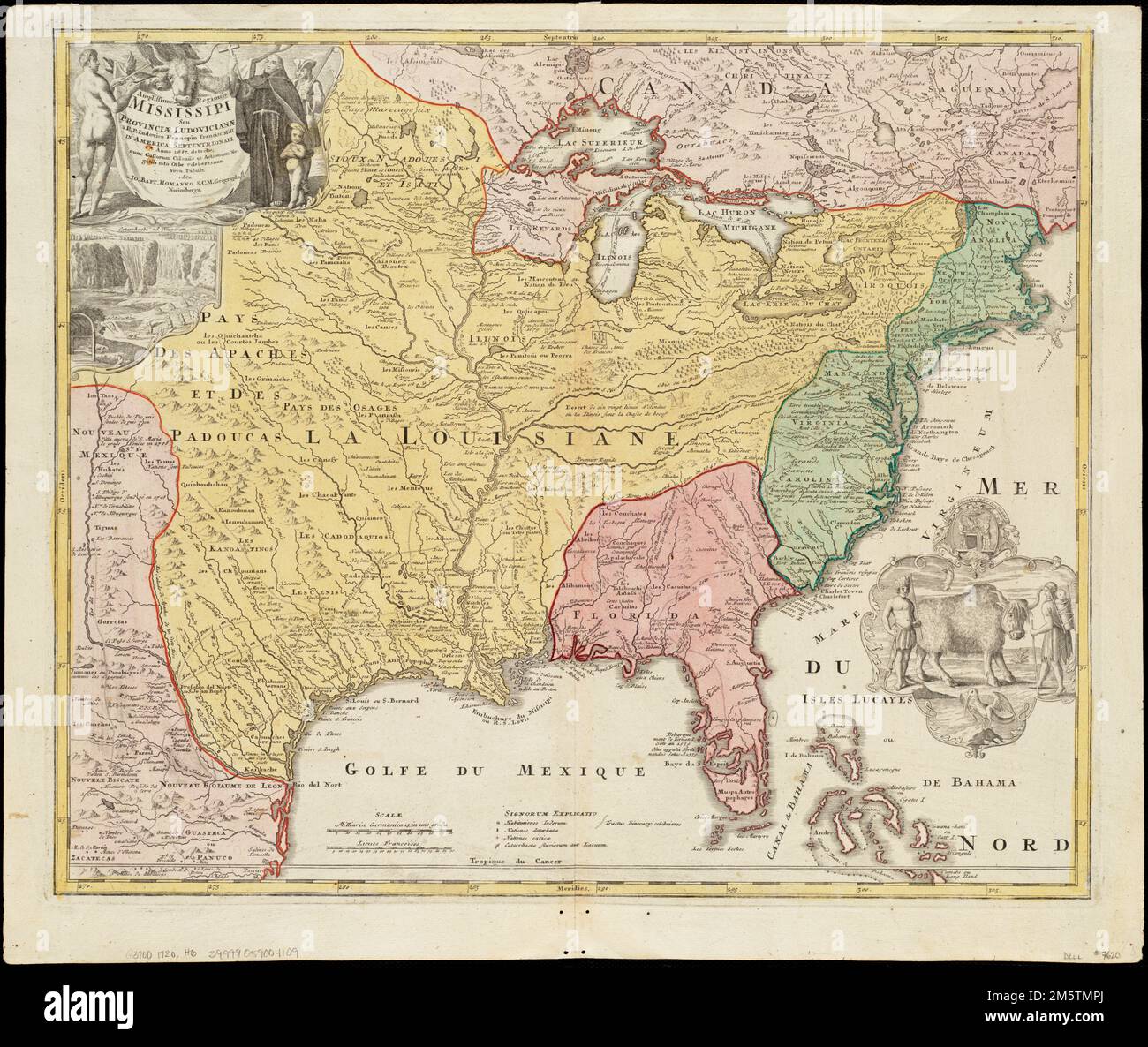 Amplissimae regionis Mississipi seu provinciae Ludovicianae – R.P. Ludovico Hennepin Francisc. Divers en Amérique septentrionali anno 168. Grugeage illustré par illustration. Montre les États-Unis à l'ouest jusqu'au Nouveau-Mexique, certaines parties du Canada et du Mexique, et les itinéraires de divers explorateurs jusqu'en 1716. Texte en français. Cette chambre offre une vue sur les chutes du Niagara, le Père Louis Hennepin et le Buffalo. Contient des insignes d'Ins Galle. Sociétatis Indiae occidentalis , Mississippi, Louisiane Banque D'Images