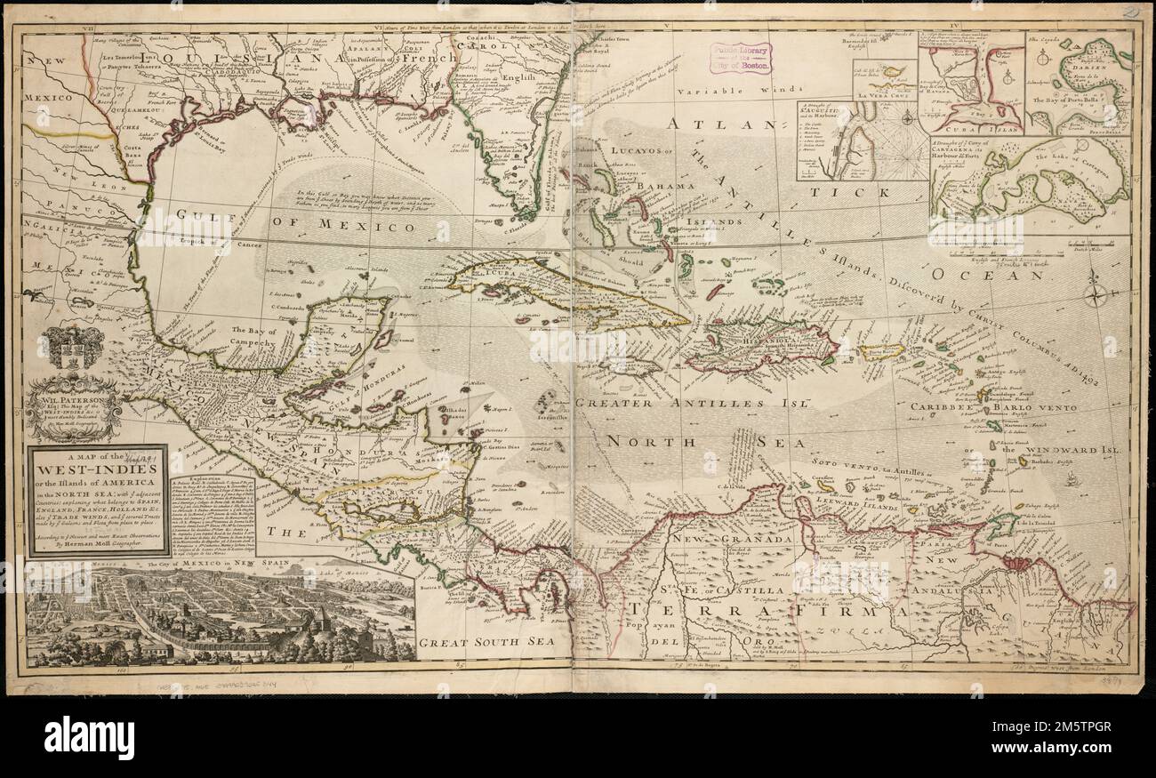 Une carte des Antilles ou des îles de l'Amérique dans la mer du Nord : avec vous les pays voisins; explantation [sic] de ce qui appartient à l'Espagne, l'Angleterre, la France, la Hollande aussi vous commercer des vents, et vous plusieurs parcelles faites par vous des galons et des flota d'un endroit à l'autre ; selon vous les observations les plus récentes et les plus exactes. Affiche le sud des États-Unis, le Mexique, l'Amérique centrale, les Antilles et le nord de l'Amérique du Sud. Grugeage illustré par illustration. Les décors : la ville de Mexico en Nouvelle-Espagne -- Une ébauche de la ville de Carthagène, son port et ses forts -- la baie de Porto Bella -- Une ébauche de la baie et de la ville de Havann Banque D'Images
