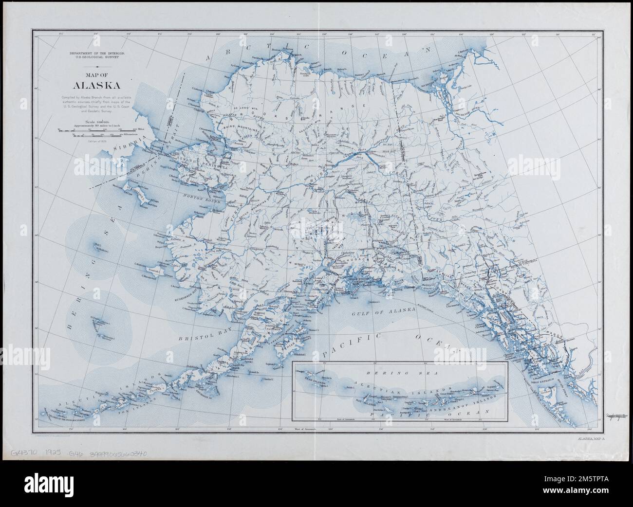 Carte de l'Alaska. Grugeage indiqué par les hauteurs de point. Encart: [Îles Aléoutiennes et Andreanof]. Dans la marge inférieure droite: Carte de l'Alaska A.... , Alaska Banque D'Images