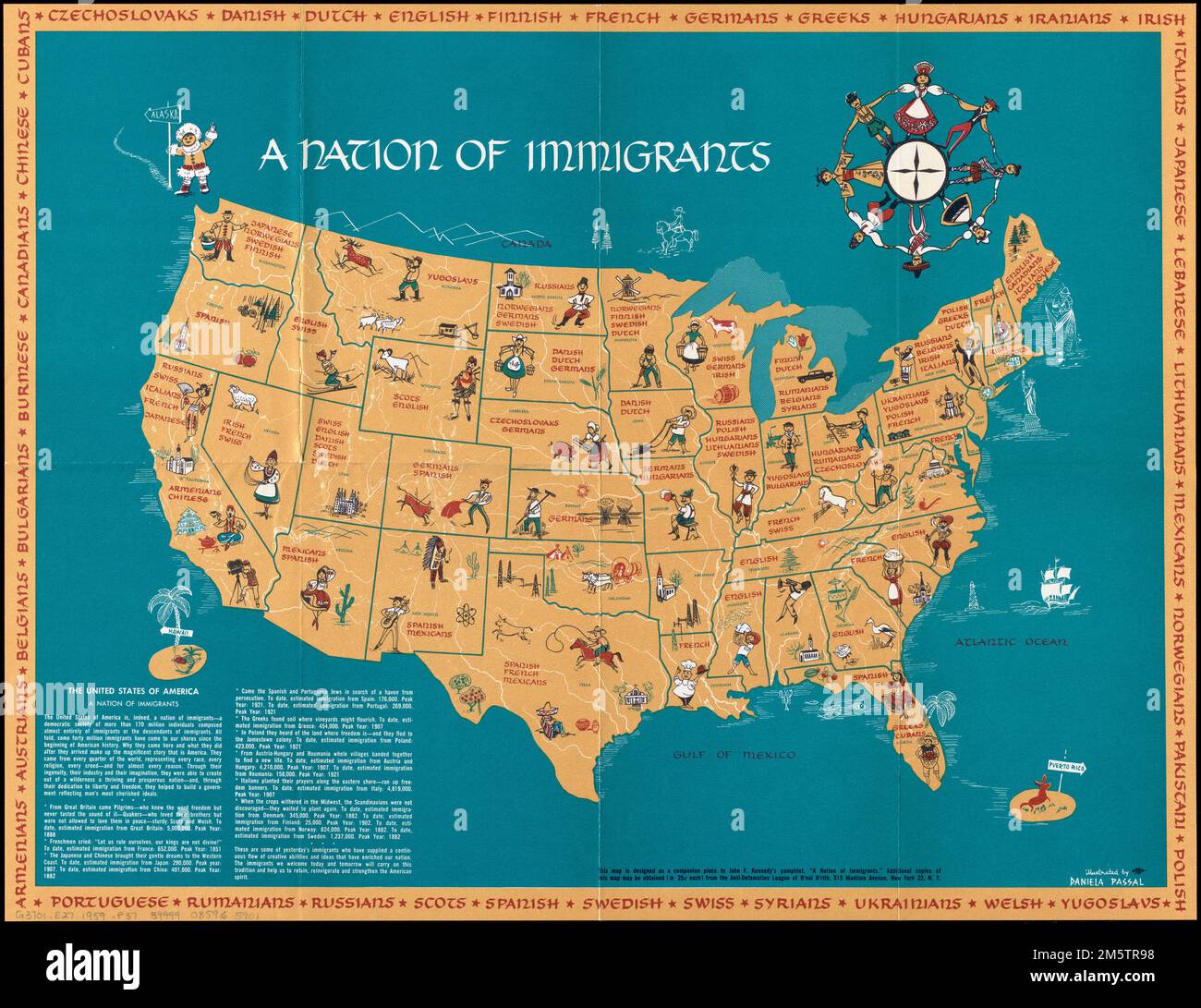 Une nation d'immigrants. Carte graphique montrant les principaux groupes d'immigrants, les industries et les symboles des États. Relief indiqué par les haches. Inclut du texte. Listes de nationalités de frontières incorporées dans la carte. 'Cette carte est conçue comme un compagnon de la brochure de John F. Kennedy, 'Une nation d'immigrants.'... , États-Unis Banque D'Images