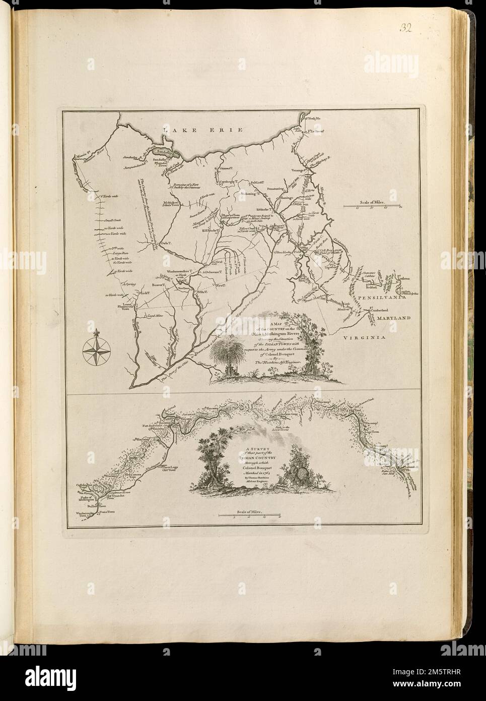 Une carte du pays sur les rivières Ohio et Muskingum : la situation des villes indiennes par rapport à l'armée sous le commandement du colonel bouquet. Couvre le territoire entre le lac Érié et la rivière Ohio. Montre les rivières, les villes indiennes et les itinéraires de mars de bouquet, Braddock, et Forbes. Montre l'itinéraire et les campements de l'expédition de bouquet. Relief indiqué par les haches. Apparaît dans la topographie générale de Jefferys en Amérique du Nord et dans les Antilles. Londres: Imprimé pour Robert Sayer, ... Et Thomas Jefferys, 1768... Enquête sur la partie du pays indien par laquelle le colonel Bo Banque D'Images