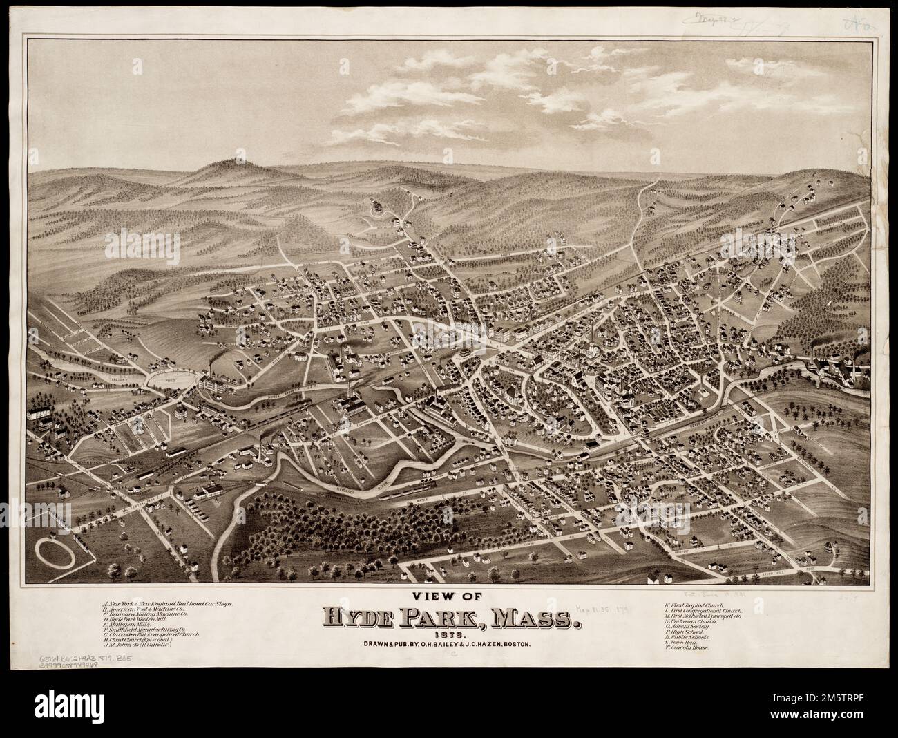 Vue sur Hyde Park, Massachusetts, 1879. Indexé pour les points d'intérêt. Vue panoramique , Massachusetts , Suffolk ,comté , Boston , Hyde Park Banque D'Images