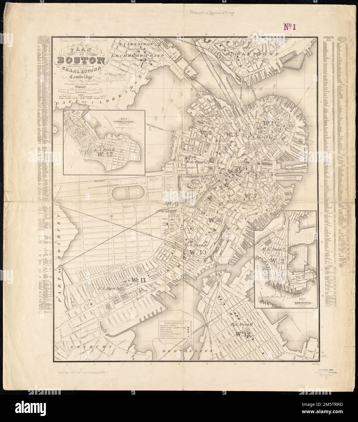 Plan de Boston comprenant une partie de Charlestown et Cambridge. Relief indiqué par les haches. Affiche les quartiers de la ville par numéro. Insets: Plan de South Boston à partir d'un dessin de S.P. Plus plein. Échelle [vers 1:17 600] -- Plan de Boston-est à partir d'une étude réalisée par R.H. Eddy. Échelle [env. 1:17 000]. Inclut des index des centres d'intérêt et des rues , Massachusetts , Suffolk , comté , Boston Banque D'Images