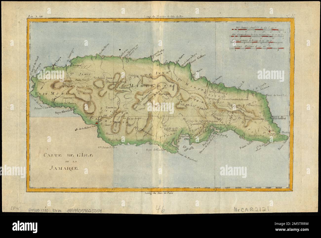 Carte de l'isle de la Jamaïque. Relief indiqué par les haches. Dans les marges supérieures: Liv X. XIV; No 38. Méridiens de Paris et Ferro. Apparaît dans Guillaume Thomas Francios Raynal Atlas de toutes les parties connexes du globe terrestre ... Genève : chez J. L. Pellet, 1780.... , Jamaïque Banque D'Images