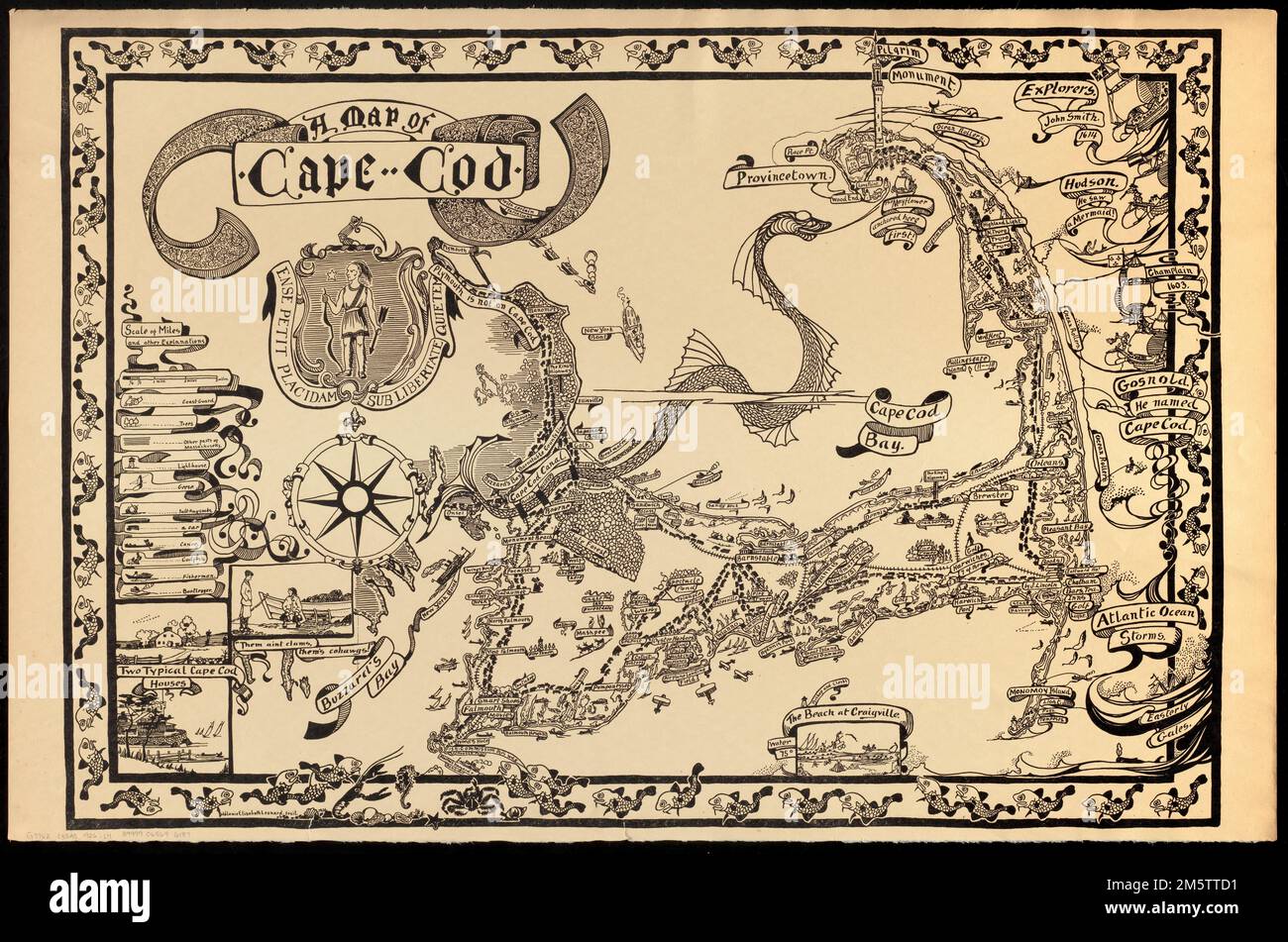 Une carte de Cape Cod. 2 copies en couleur main et 1 copies en couleur cadeau d'Eugenie et Jonathan A. Shaw, petit-fils de Melanie Elisabeth (Norton) Leonard. Grugeage illustré par illustration. Les décors : deux maisons typiques de Cape Cod -- 'elles n'ont pas de palourdes, elles sont des cohawgs!' -- la plage de Craigville. Texte de Jonathan Nortan Leonard, selon les archives de la famille Leonard. Enfermé dans une bordure illustrée avec du poisson de morue; titre décoratif cartouche et blason avec slogan, 'ense petit placidam sublibertate quie tem.' Disponible également sur le site web du Norman B. Leventhal Map Center en tant qu'image raster , Massachusetts Banque D'Images