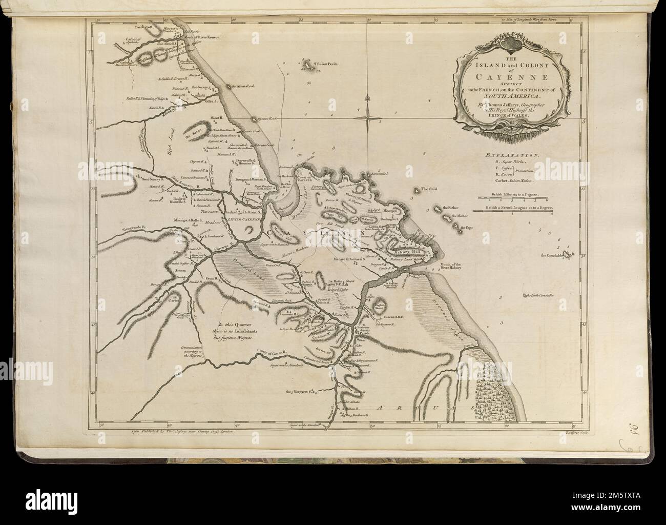 L'île et la colonie de Cayenne soumise aux Français, sur le continent de l'Amérique du Sud. Relief indiqué par les haches. Profondeurs indiquées par des sondages. Apparaît dans la topographie générale de Jefferys en Amérique du Nord et dans les Antilles. Londres: Imprimé pour Robert Sayer, ... Et Thomas Jefferys, 1768 , Guyane française ,territoire , Cayenne Banque D'Images