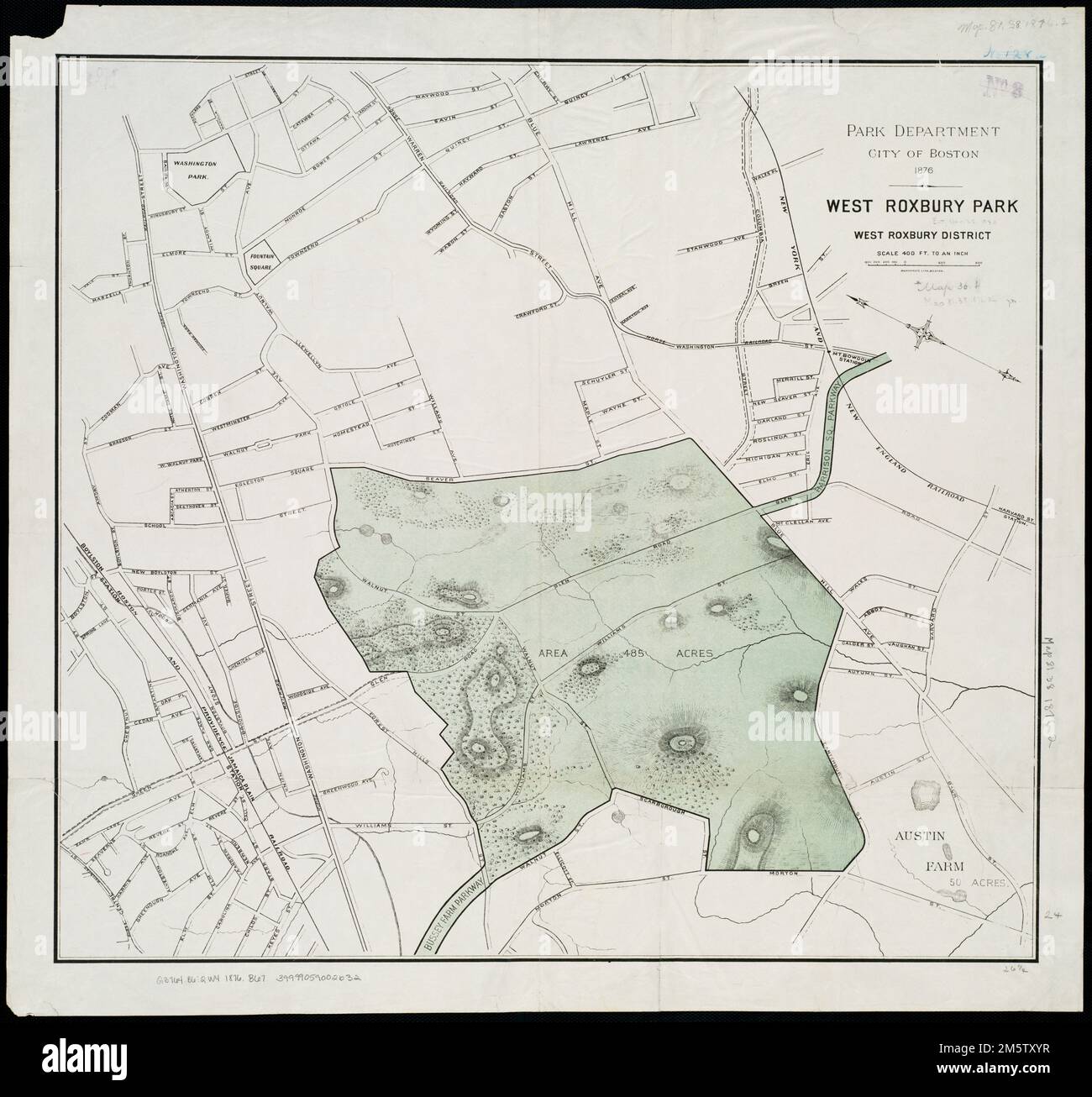 West Roxbury Park : quartier West Roxbury. Orienté vers le nord vers le coin inférieur droit. Relief indiqué par les haches. West Roxbury Park est maintenant Franklin Park , Massachusetts , Suffolk ,Comté , Boston , West Roxbury Banque D'Images