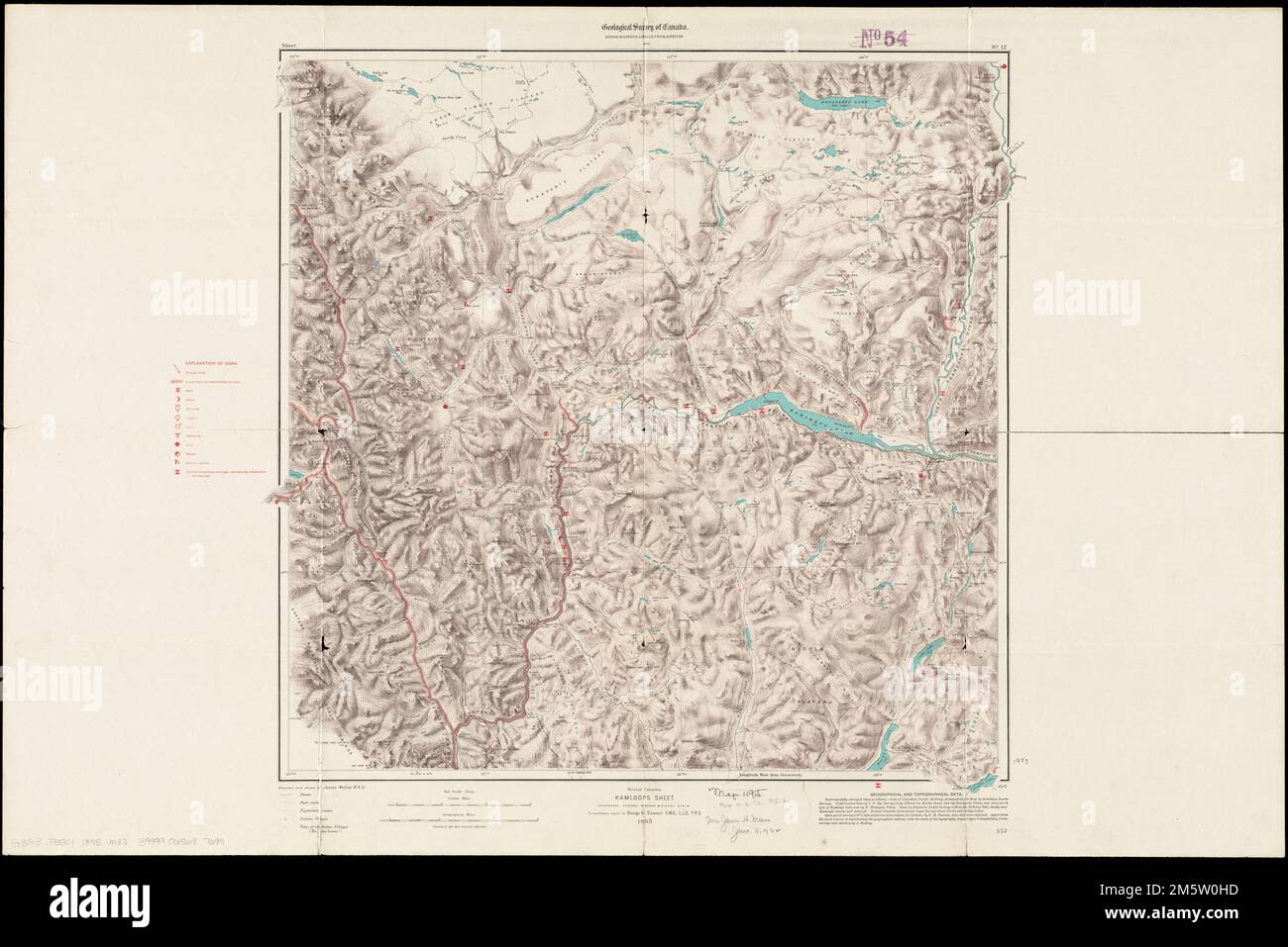 Colombie-Britannique : feuille de Kamloops, topographie, minéraux économiques et stries glaciaires. Relief affiché par contours et ombrage. 'Pour accompagner le rapport de George M. Dawson C.M.G., L.L.D., F.R.S. En tête de carte : Commission géologique du Canada. 'Feuille n°12.' '557.'.. Feuille de Kamloops : topographie, minéraux économiques et stries glaciaires. Feuille de Kamloops : topographie, minéraux économiques et stries glaciaires, district régional de Thompson-Nicola Banque D'Images