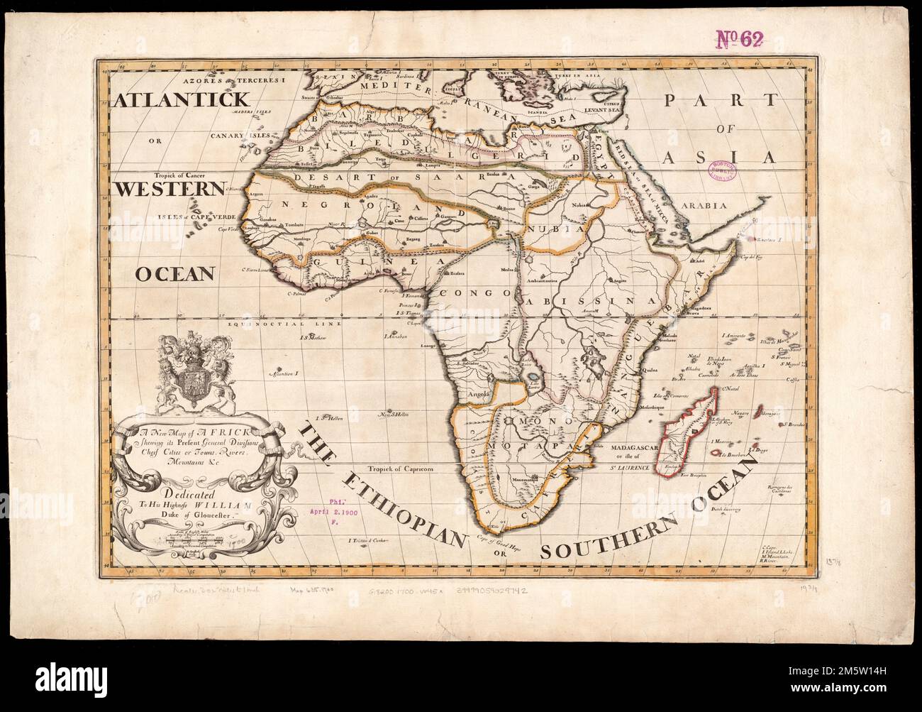 Une nouvelle carte d'Africk : ses divisions générales actuelles gréent les villes ou les villes, les rivières, les montagnes et les c. : Dédié à son Altesse William, duc de Gloucester. Grugeage illustré par illustration. Apparaît dans l'auteur Un nouvel ensemble de cartes à la fois de géographie actuelle et antient. Oxford : imprimé au Théâtre, 1700. Le catalogage, la conservation et la numérisation ont été rendus possibles en partie par la Fondation nationale pour les sciences humaines : exploration de l'effort humain , Afrique Afrique Banque D'Images
