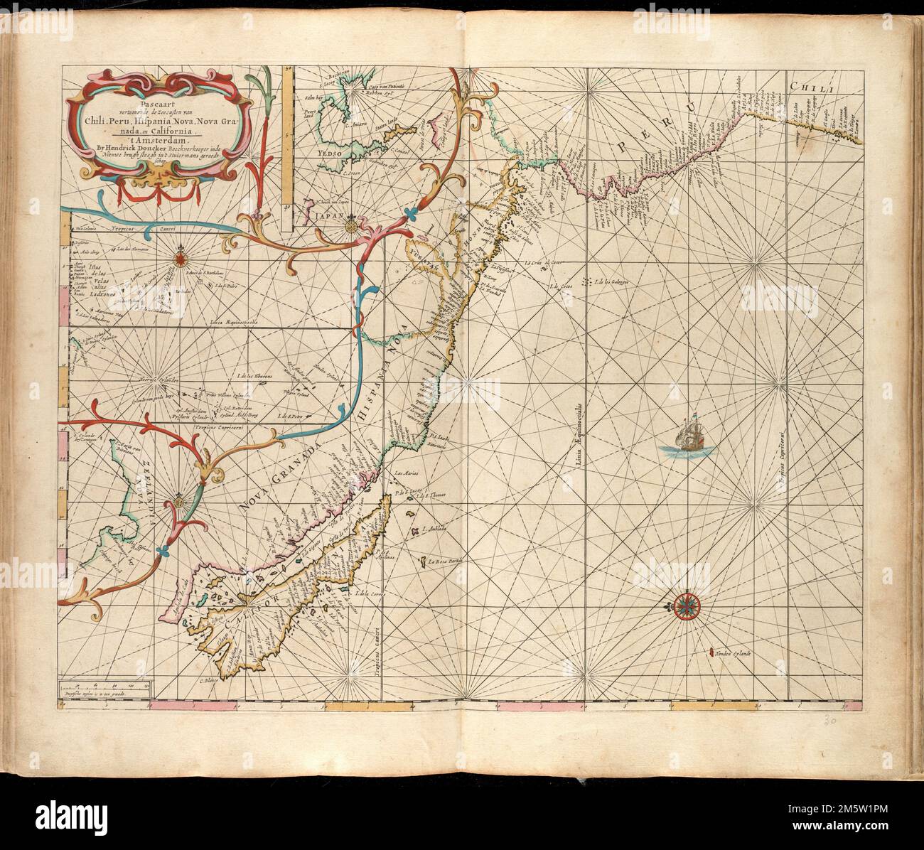 Pascaart vertoonende de zeecusten van Chili, Pérou, Hispania Nova, Nova Granada en Californie. Carte de la côte Pacifique de la Californie, de l'Amérique centrale et de l'Amérique du Sud. La Californie est représentée comme une île. Apparaît dans le Zee-atlas de l'auteur de Water-waerelt. Amsetrdam : Hendrick Doncker, Anno 1660 [c.-à-d. 1665]. Le catalogage, la conservation et la numérisation ont été rendus possibles en partie par la Fondation nationale pour les sciences humaines : exploration de l'effort humain , Méso-Amérique , région Amérique du Sud Amérique du Sud Banque D'Images