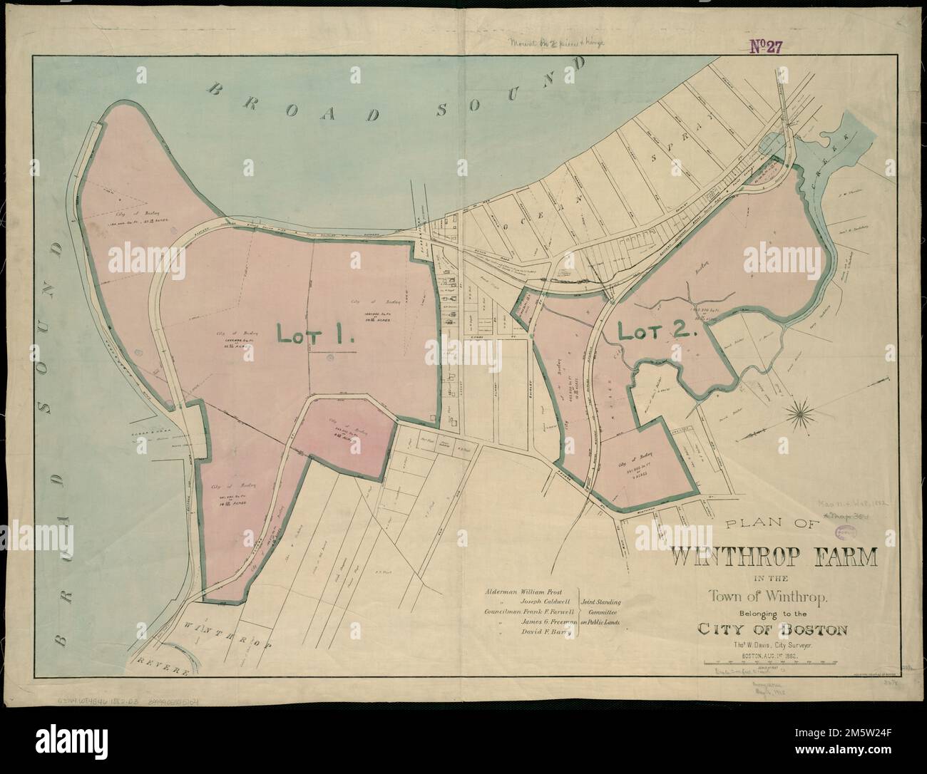 Plan de la ferme Winthrop dans la ville de Winthrop appartenant à la ville de Boston. Orienté vers le nord vers le coin inférieur gauche. 'Boston, août 1st 1882.'... , Massachusetts , Suffolk ,Comté , Winthrop Banque D'Images