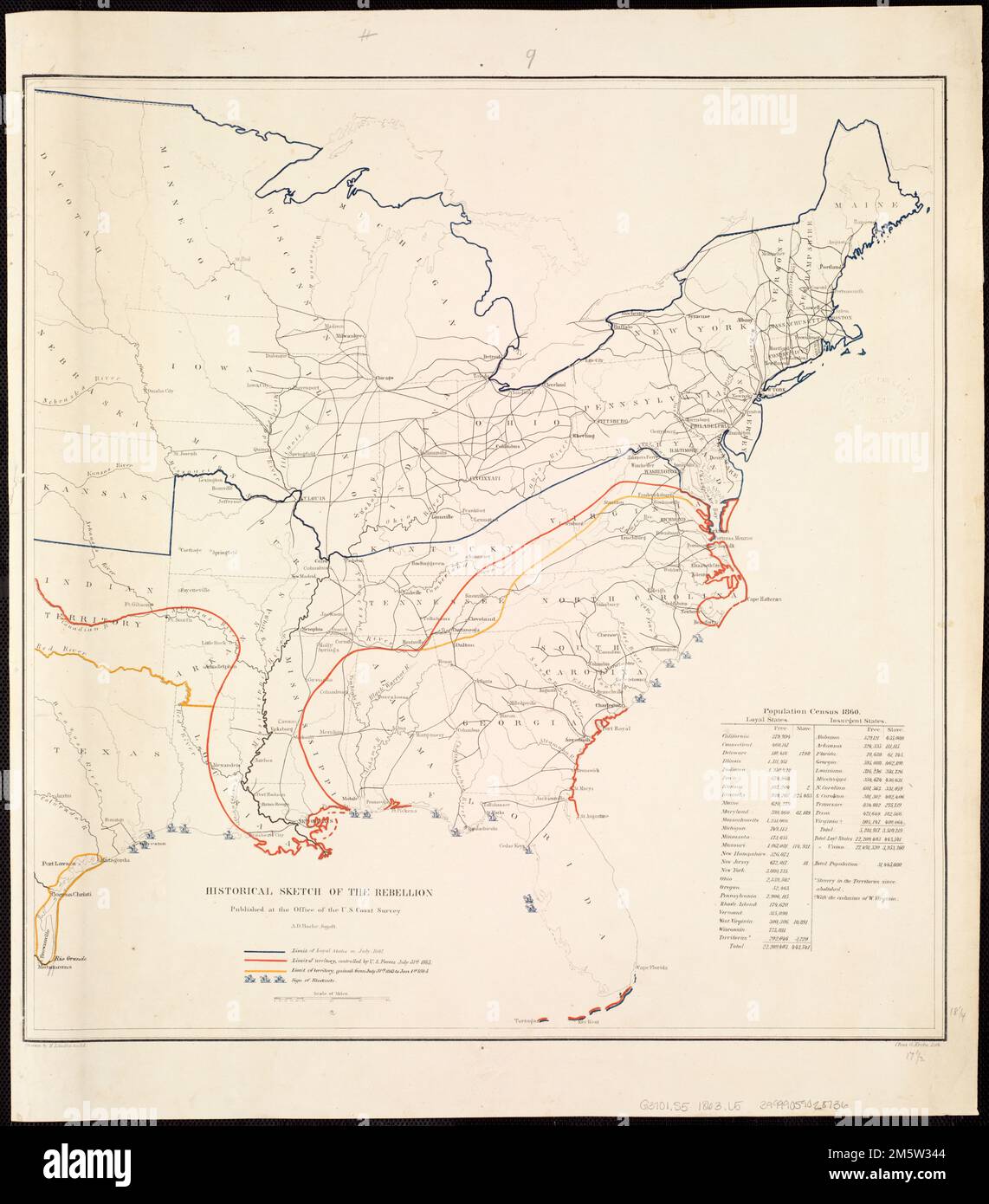 Esquisse historique de la rébellion. Limite des États loyaux en juillet 1861, limite du territoire contrôlé par les forces américaines 31 juillet 1863, [et] limite du territoire gagné de 31 juillet 1863 à janvier 1st 1864 indiquée par des lignes de couleur. Les petits navires dénotent l'étendue du blocus naval. 'Recensement de la population 1860' dans le coin inférieur droit. Voir aussi les cartes de la guerre de Sécession, entrées nos 34, 35, 36, 39, 40 et 40,1. Description dérivée de la bibliographie publiée. En poursuivant les objectifs géographiques généraux de Scott, les armées de l'Union ont fait des progrès substantiels dans le blocage de la côte sud-est et l'occupation du mis Banque D'Images