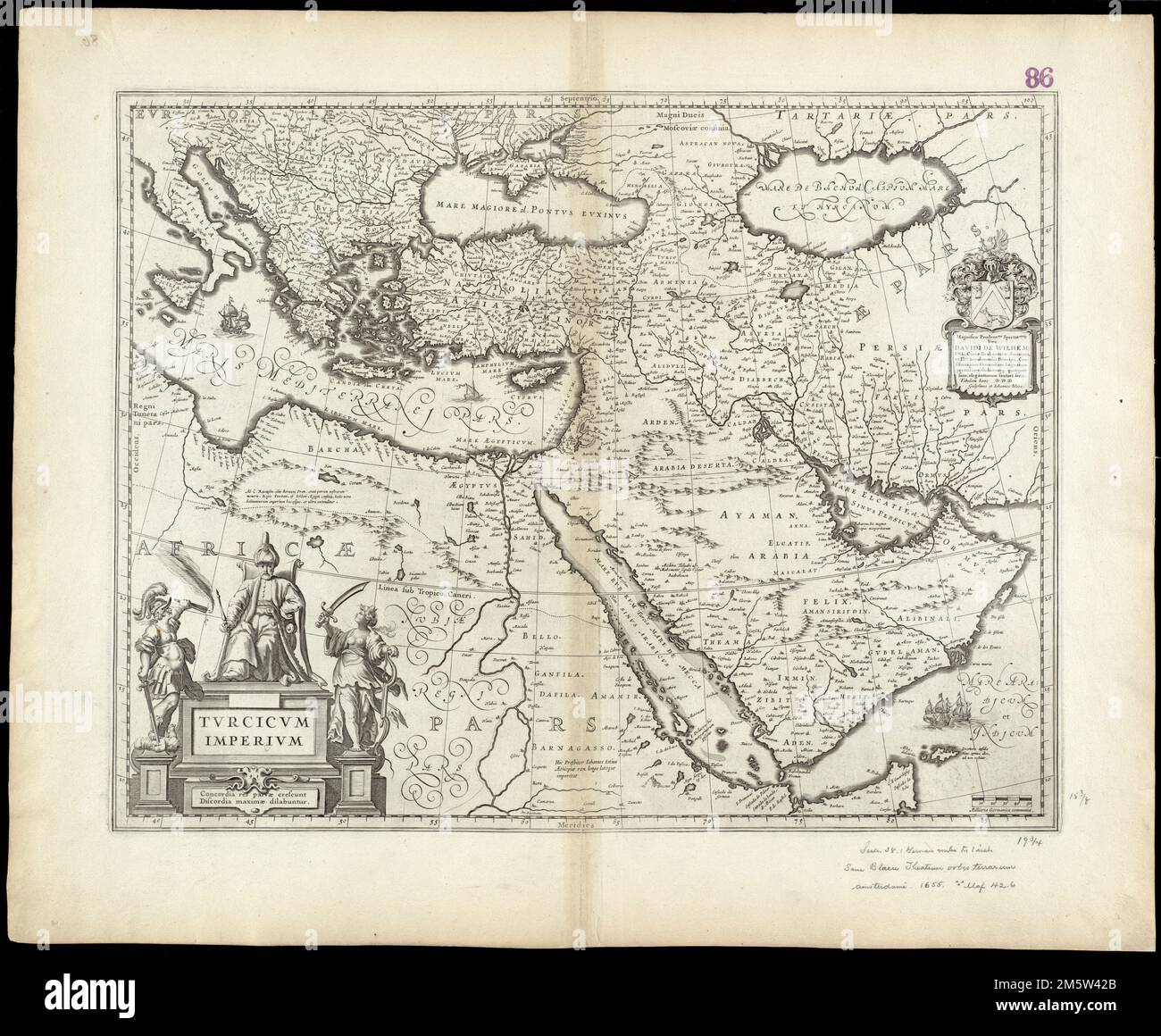 Turcicum impérium. Grugeage illustré par illustration. Vert vide. Échelles de bar données dans 'illiaria Germanica communia.' Est apparu dans divers éd. de Willem et Joan Blaeu Theatrum orbis terrarum. Dédié à David de Wilhelm par Willem et Joan Bleau. Le catalogage, la conservation et la numérisation ont été rendus possibles en partie par le Fonds national de dotation pour les sciences humaines : exploration de l'effort humain. Fait partie de l'atlas de portefeuille composite avec le titre 'Collection d'anciennes cartes.'. Tvrcicvm imperivm Collection d'anciennes cartes. Tvrcicvm imperivm Collection d'anciennes cartes, Turquie Moyen-Orient, région Banque D'Images
