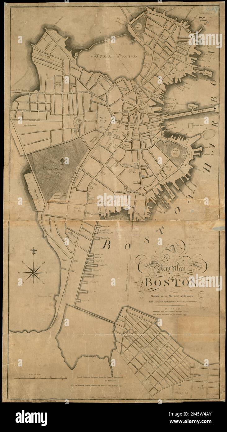 Un nouveau plan de Boston : tiré des meilleures autorités avec les dernières améliorations, additionas et corrections. South Boston est tiré des enquêtes réelles de M. Withington. Relief montré par les haches , Massachusetts , Suffolk , comté , Boston Banque D'Images