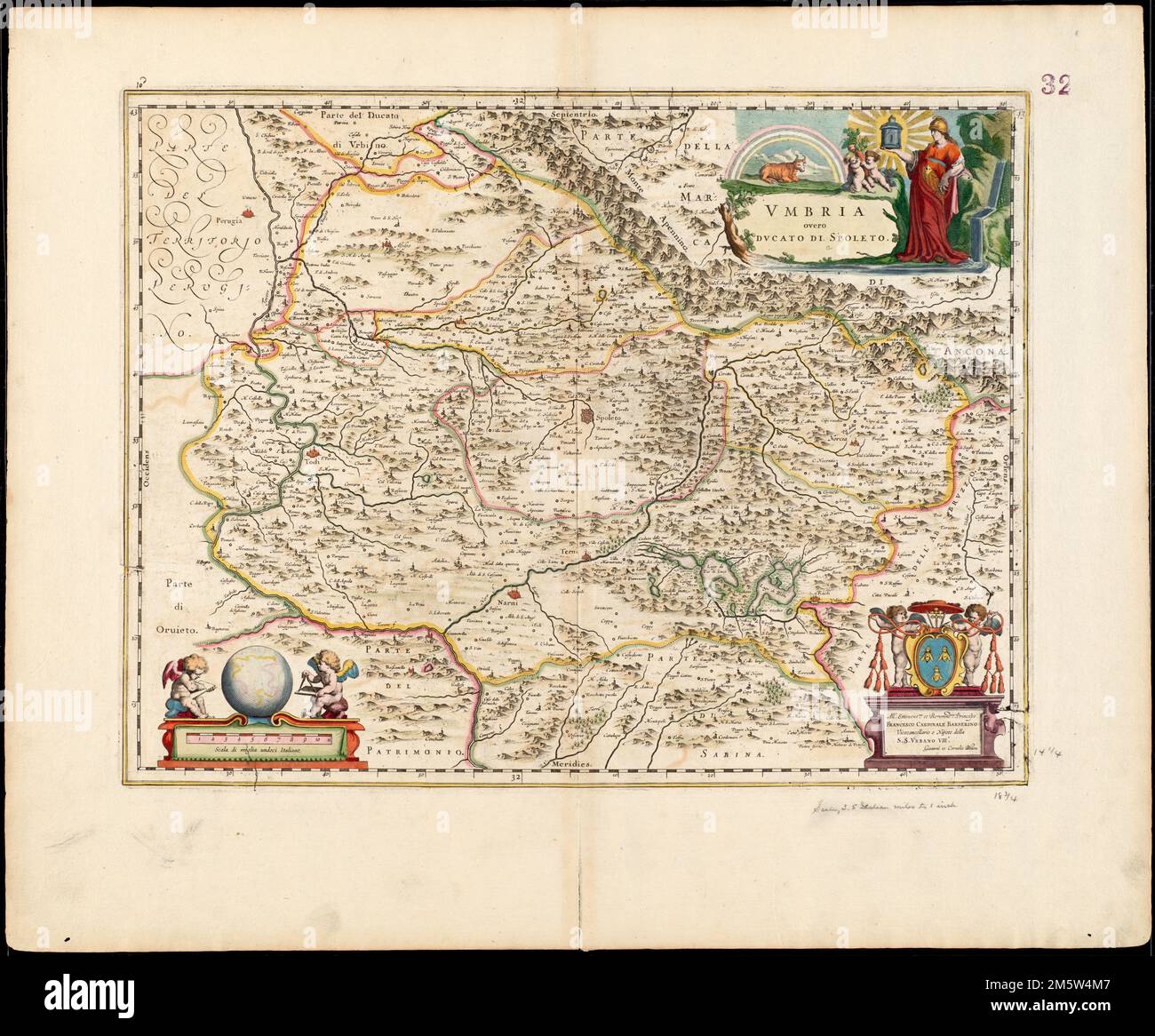 Vmbria overo ducato di Spoleto. Carte de la région de l'Ombrie en Italie. Grugeage illustré par illustration. Le verso est vide. Inclut le dévouement dans la cartouche élaborée en bas à droite. Plaque endommagée dans le bord inférieur droit ; une pièce est manquante. Texte en italien. Le catalogage, la conservation et la numérisation ont été rendus possibles en partie par le Fonds national de dotation pour les sciences humaines : exploration de l'effort humain. Fait partie de l'atlas de portefeuille composite avec le titre 'Collection d'anciennes cartes.'. Ombrie overo ducato di Spoleto. Ombrie overo ducato di Spoleto, Italie , Ombrie , région Banque D'Images
