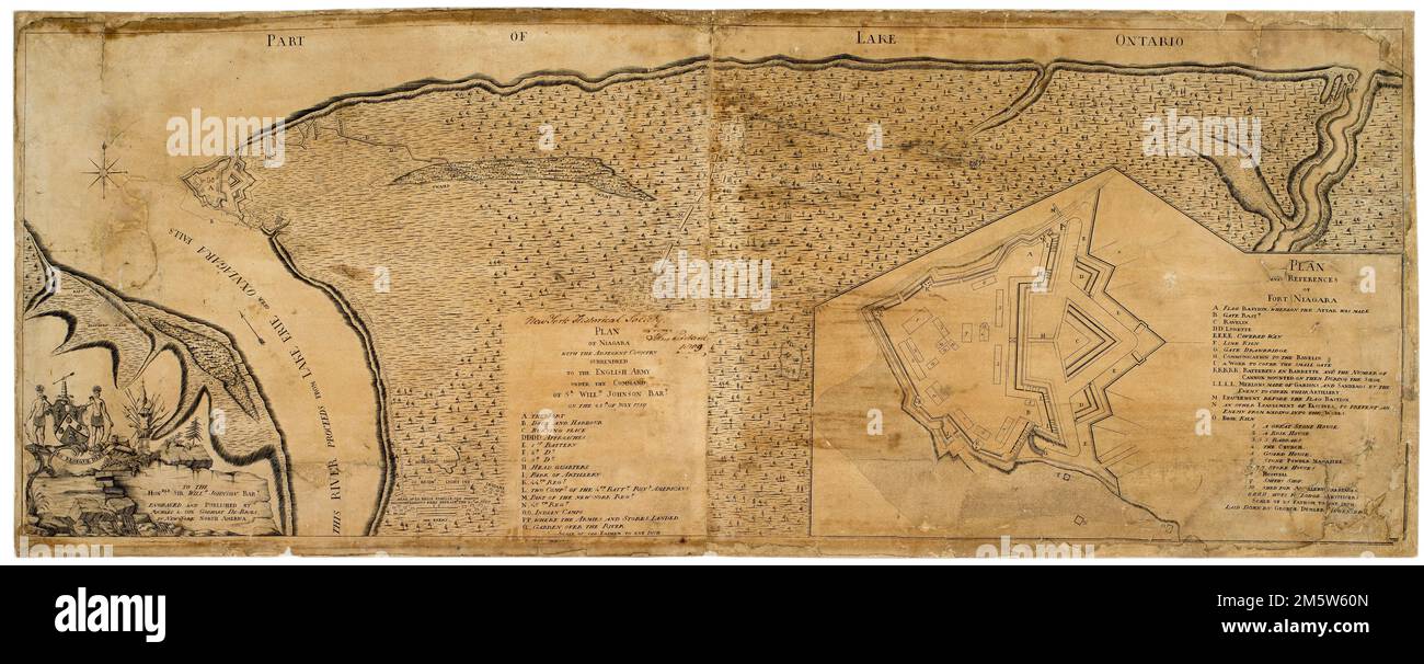 Plan de Niagara avec le pays adjacent remis à l'armée anglaise sous le commandement de Sr Willm: Johnson Bart: Le 25th juillet 1759. Key identifie les détails du siège de fort Niagara. Encart : plan et références du fort Niagara. La clé du plan intégré identifie les caractéristiques du fort Niagara. La cartouche ornée incorpore les armes de Sir William Johnson.... , New York , Niagara ,comté , Old fort Niagara Banque D'Images