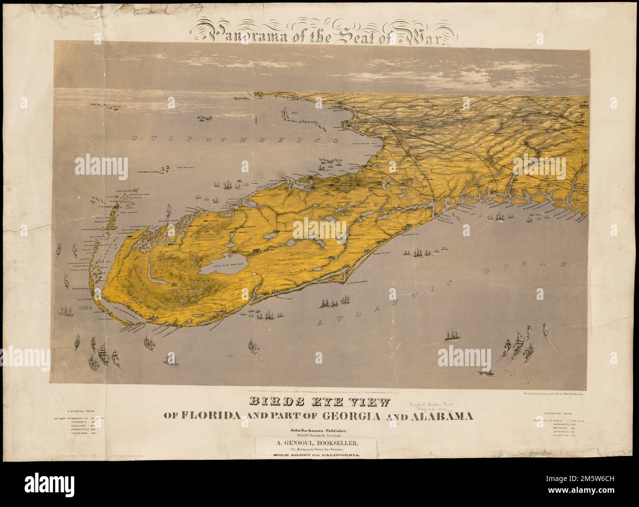 Vue panoramique sur la Floride et une partie de la Géorgie et de l'Alabama. En haut de la carte: Panorama du siège de la guerre. "Entrée en vertu de l'acte du Congrès en l'an 1861 par John Bachmann." Les tableaux des distances de Key West et Tallahassee apparaissent dans la marge inférieure. Vue sur la Floride et les environs montrant les villes, les routes, les chemins de fer, les forts et les rivières. Déchirés en deux : trois vues panoramiques publiées séparément offrent une perspective panoramique continue de la côte sud-est des États-Unis, qui s'étend de la baie de Chesapeake à la Floride. Ensemble, ils soulignent le blocus naval de l'Union de la Confédération, sho Banque D'Images
