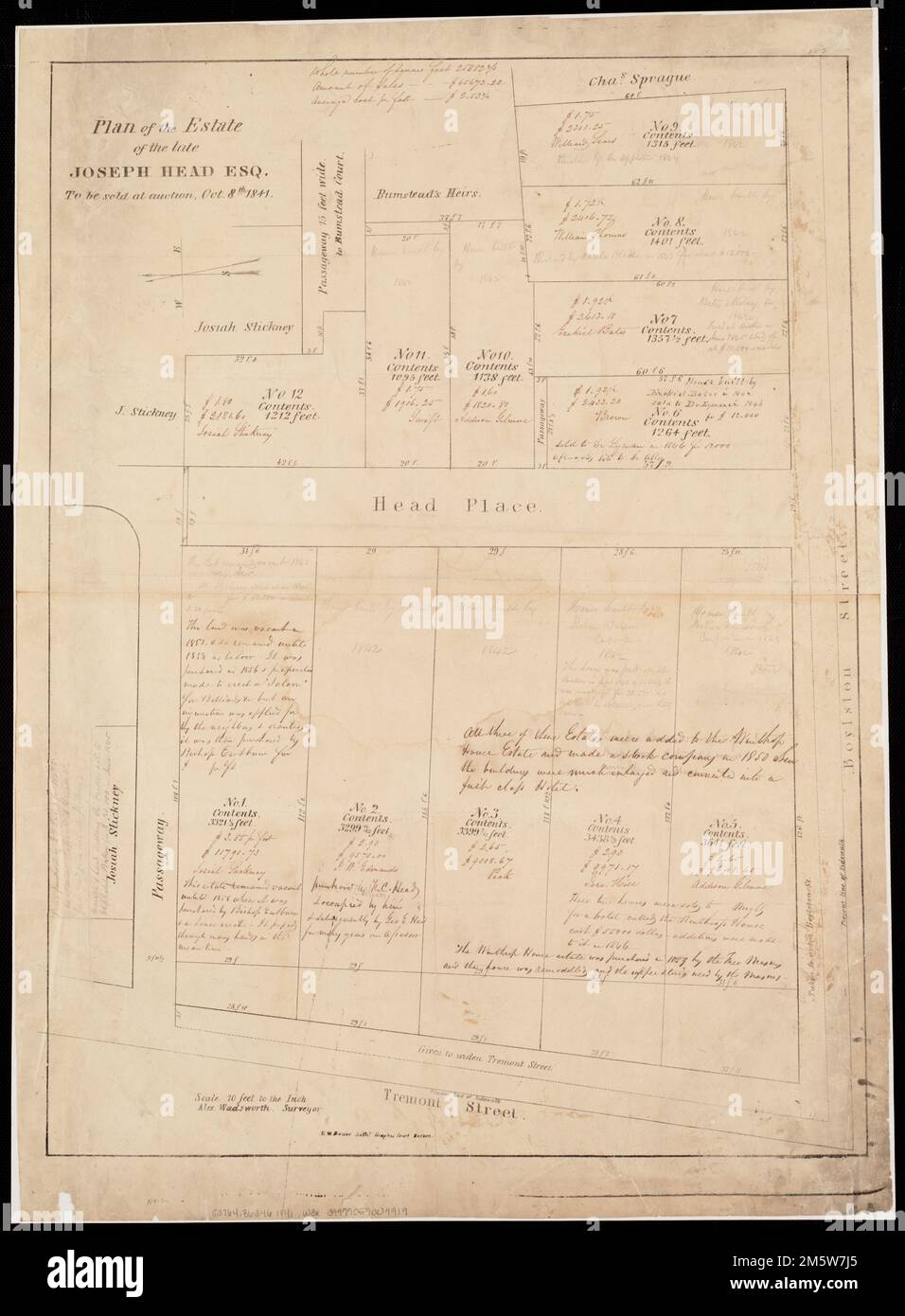Plan de la succession de feu Joseph Head Esq. À vendre aux enchères, octobre 8th 1841. Orienté de droite à gauche. 'F.W. Bouve Lithr.'... , Massachusetts , Suffolk , comté , Boston Banque D'Images