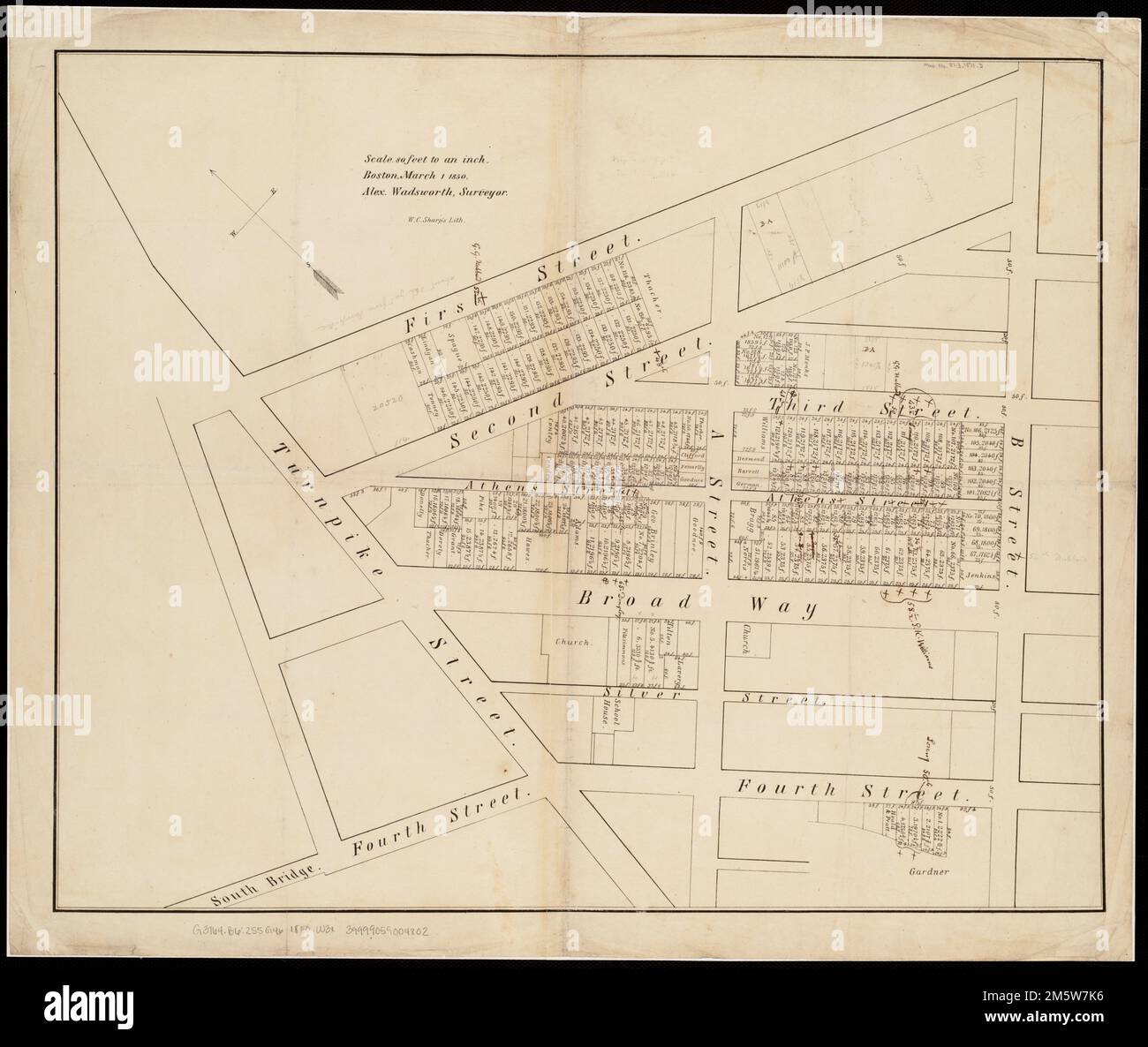 [Plan de lots dans le sud de Boston]. Titre fourni par le catalogueur. Orienté vers le nord, en haut à gauche , Massachusetts , Suffolk ,comté , Boston , South Boston Banque D'Images