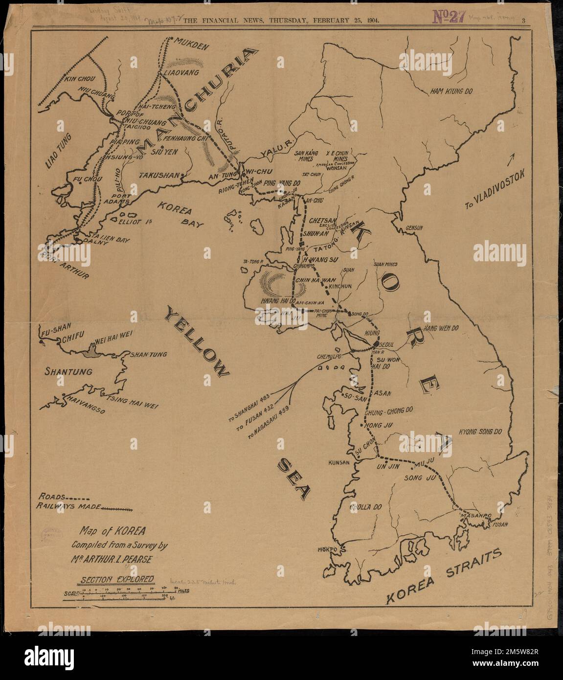 Carte de la Corée. Affiche les principales routes et chemins de fer en Corée et une partie de la Mandchourie. Page 3 des nouvelles financières, jeudi, 25 février 1904. Texte sur le verso , Corée du Nord Corée du Sud Chine , Mandchourie , région Banque D'Images
