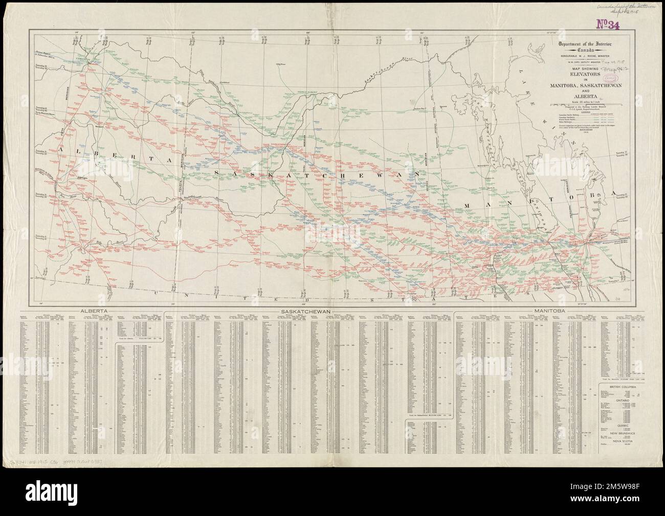 Carte montrant les silos au Manitoba, en Saskatchewan et en Alberta. Inclut l'index des silos à grains et des moulins. Affiche également les chemins de fer... Ascenseurs au Manitoba, en Saskatchewan et en Alberta. Ascenseurs au Manitoba, en Saskatchewan et en Alberta, au Canada, dans les Prairies Banque D'Images