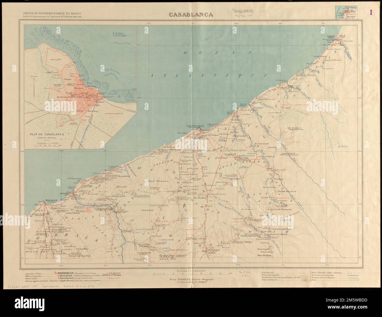 Casablanca. Grugeage indiqué par les lignes de forme et les hauteurs de point. Premier méridien : [Paris]. Schéma des feuilles en haut à droite. Encart: Plan de Casablanca (Dar-el-Beïda)... Cartes de reconnaissance du Maroc. Cartes de reconnaissance du Maroc, Maroc , Casablanca-Settat , région , Casablanca Banque D'Images