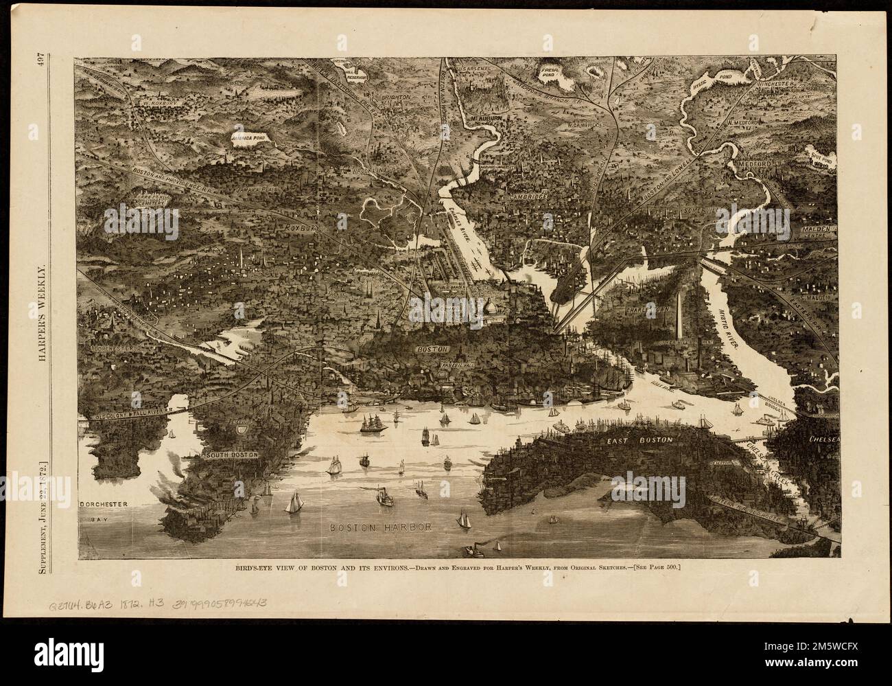 Vue panoramique sur Boston et ses environs. Apparaît dans le supplément hebdomadaire de Harper de 22 juin 1872. Pages 497 à 502 , Massachusetts , Suffolk , comté , Boston Banque D'Images